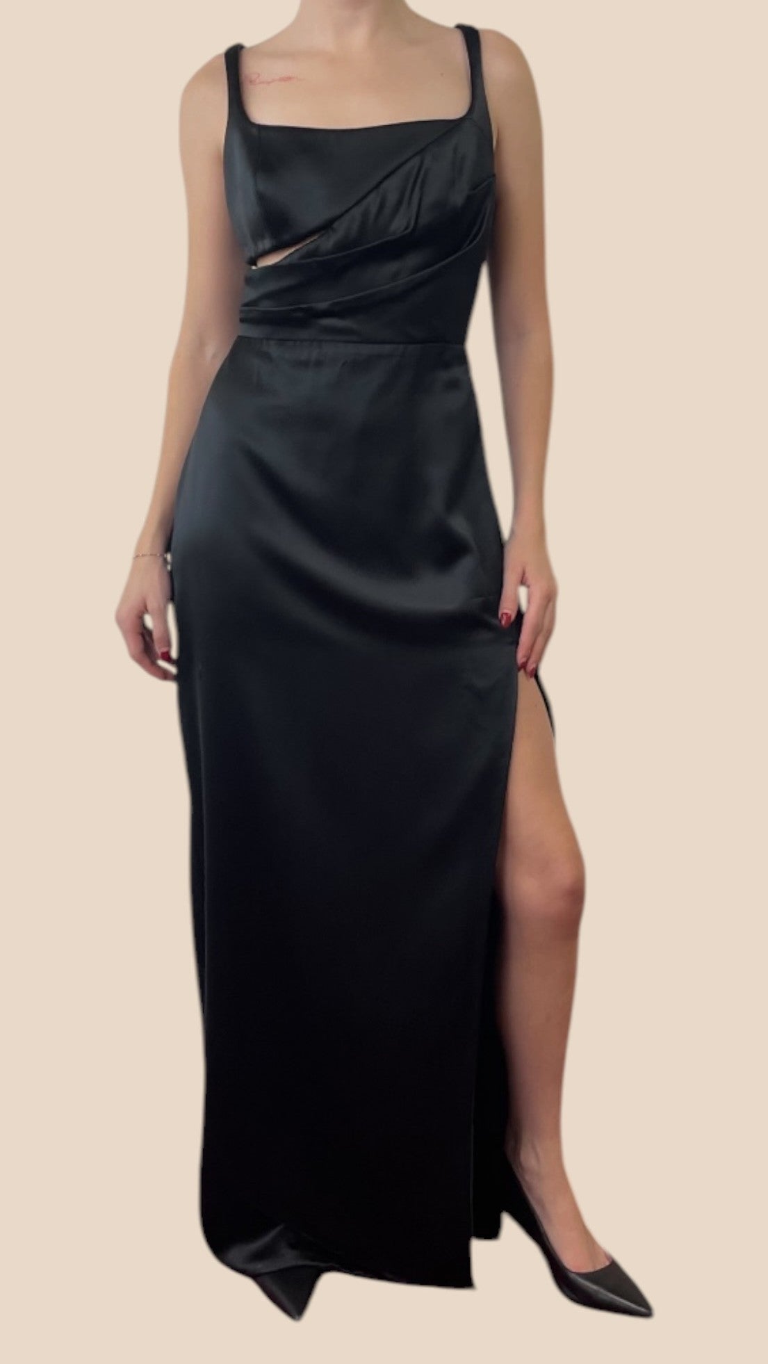 Brandon Maxwell Black Satin Square Neck Cutout High Slit Maxi Dress