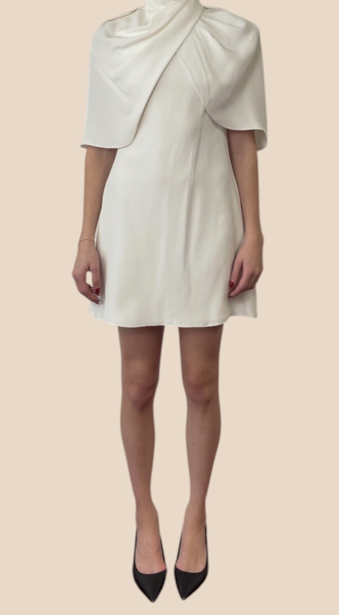 Brandon Maxwell Ivory Draped High Neck Cape Sleeve Mini Dress
