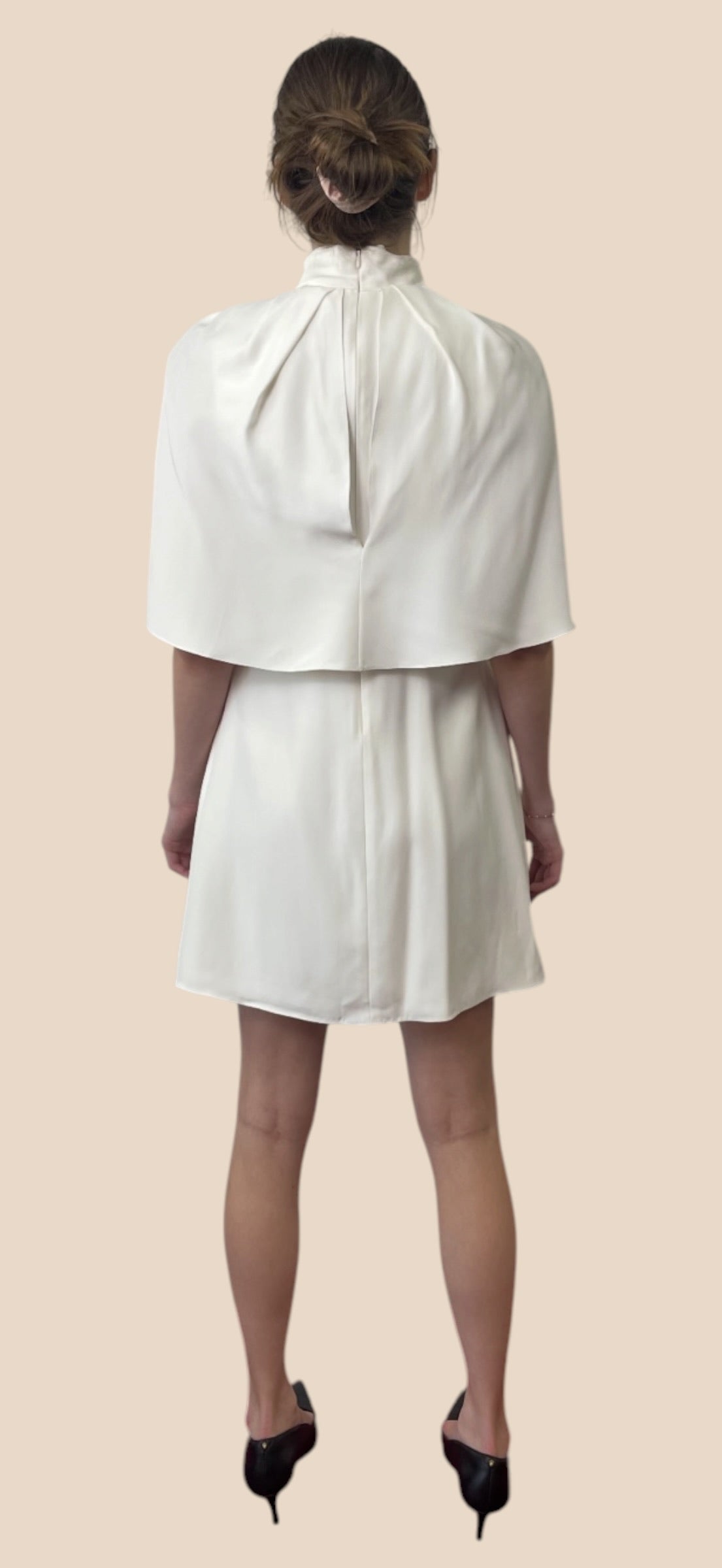 Brandon Maxwell Ivory Draped High Neck Cape Sleeve Mini Dress