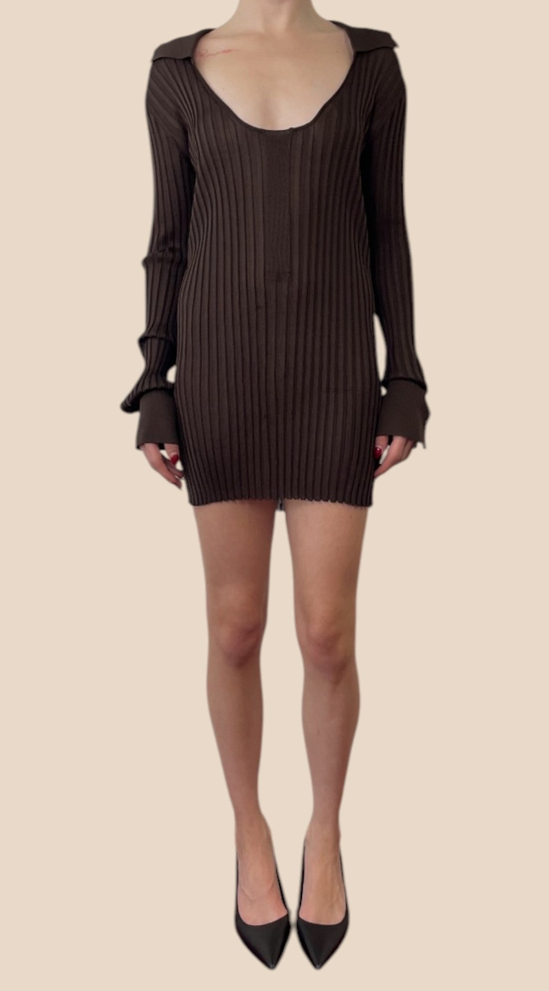 Bottega Veneta Dark Brown Ribbed Knit Long Sleeve Collared Mini Dress
