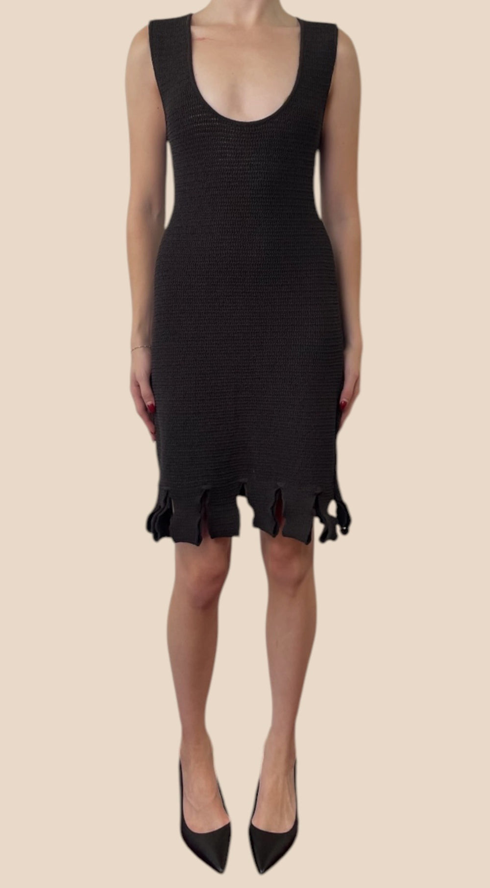 Bottega Veneta Black Sleeveless Scoop Neck Knit Fringe Hem Knee-Length Dress