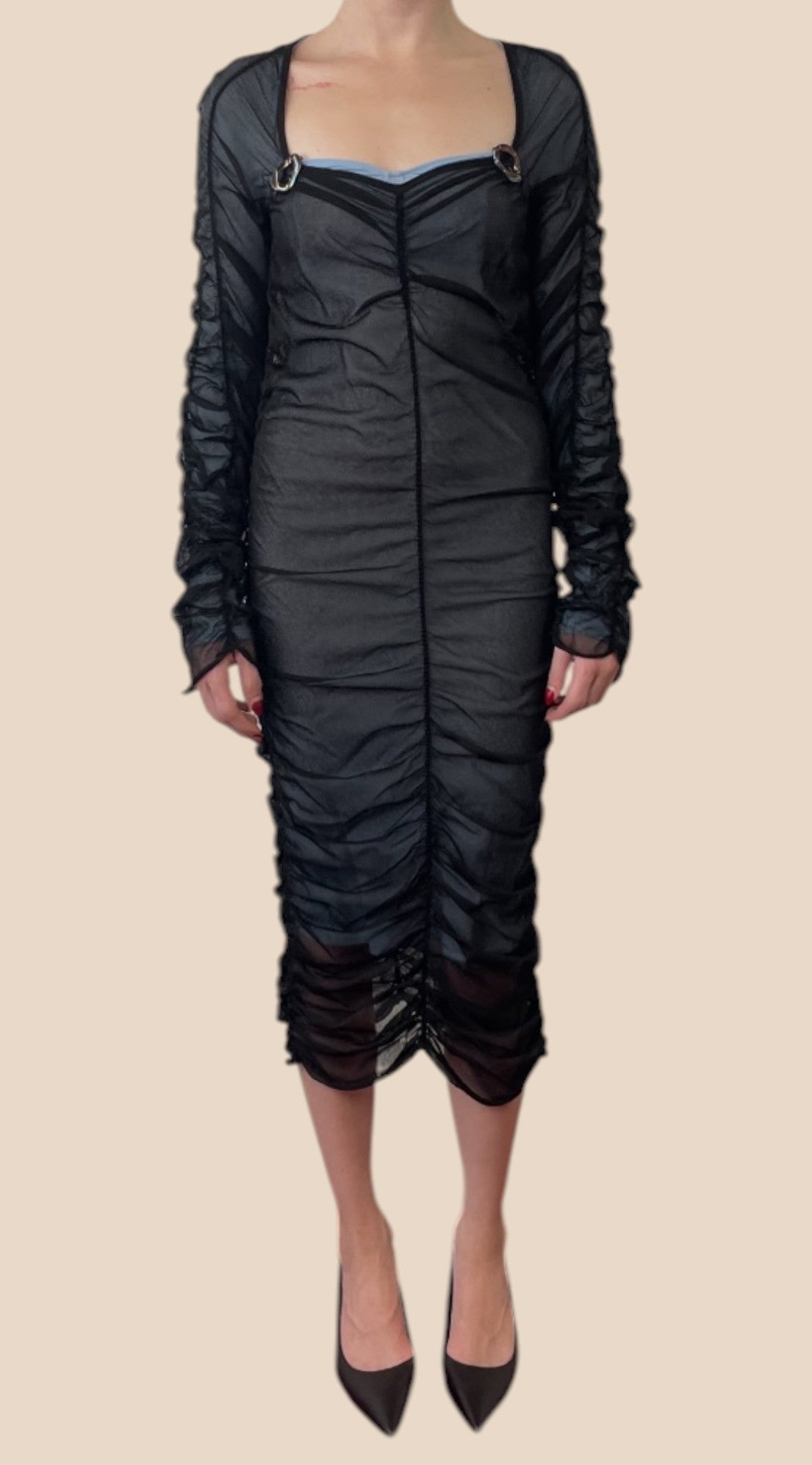 Bottega Veneta Black Sheer Ruched Mesh Long Sleeve Midi Dress