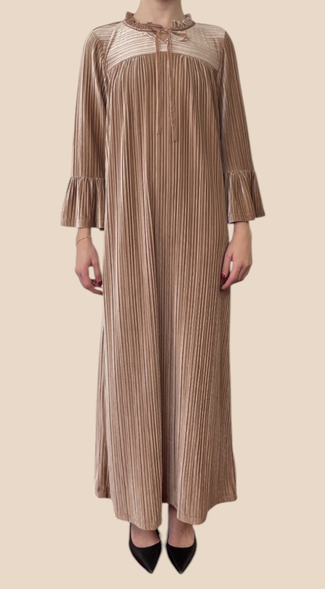 Bob Mackie Brown Pleated Velvet Ruffle Neck Long Sleeve Maxi Dress