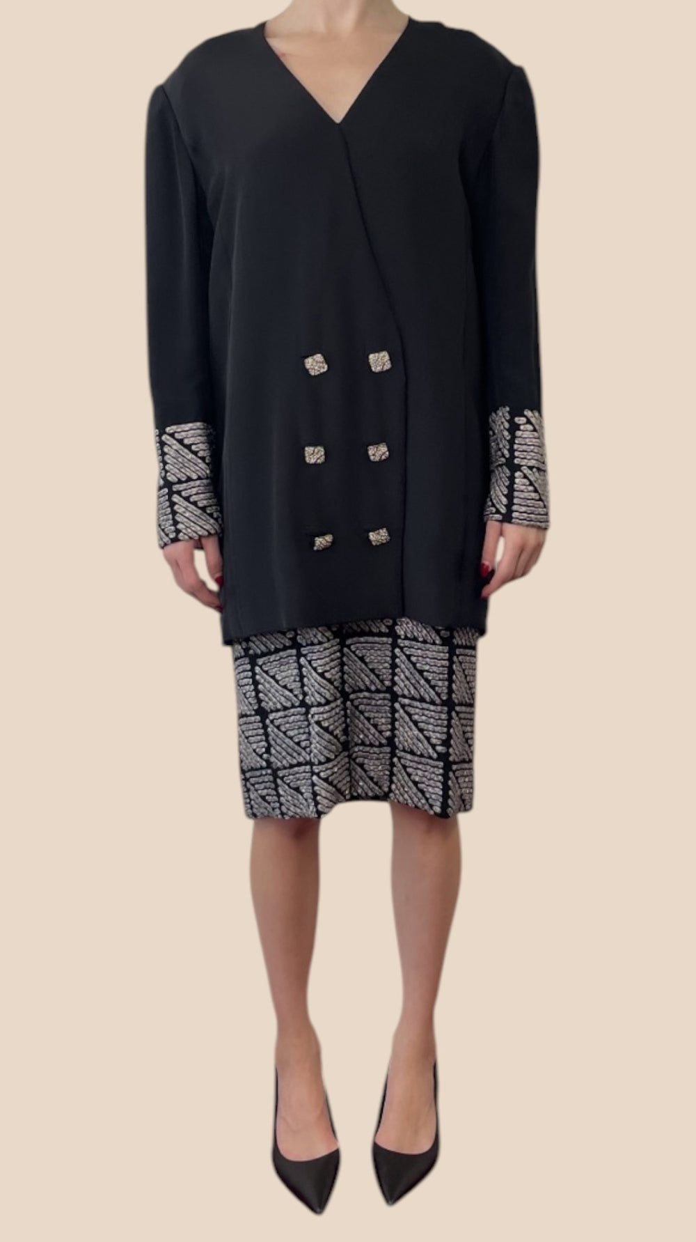 Bob Mackie Black & Silver Embellished Double-Breasted Jacket and Skirt Set