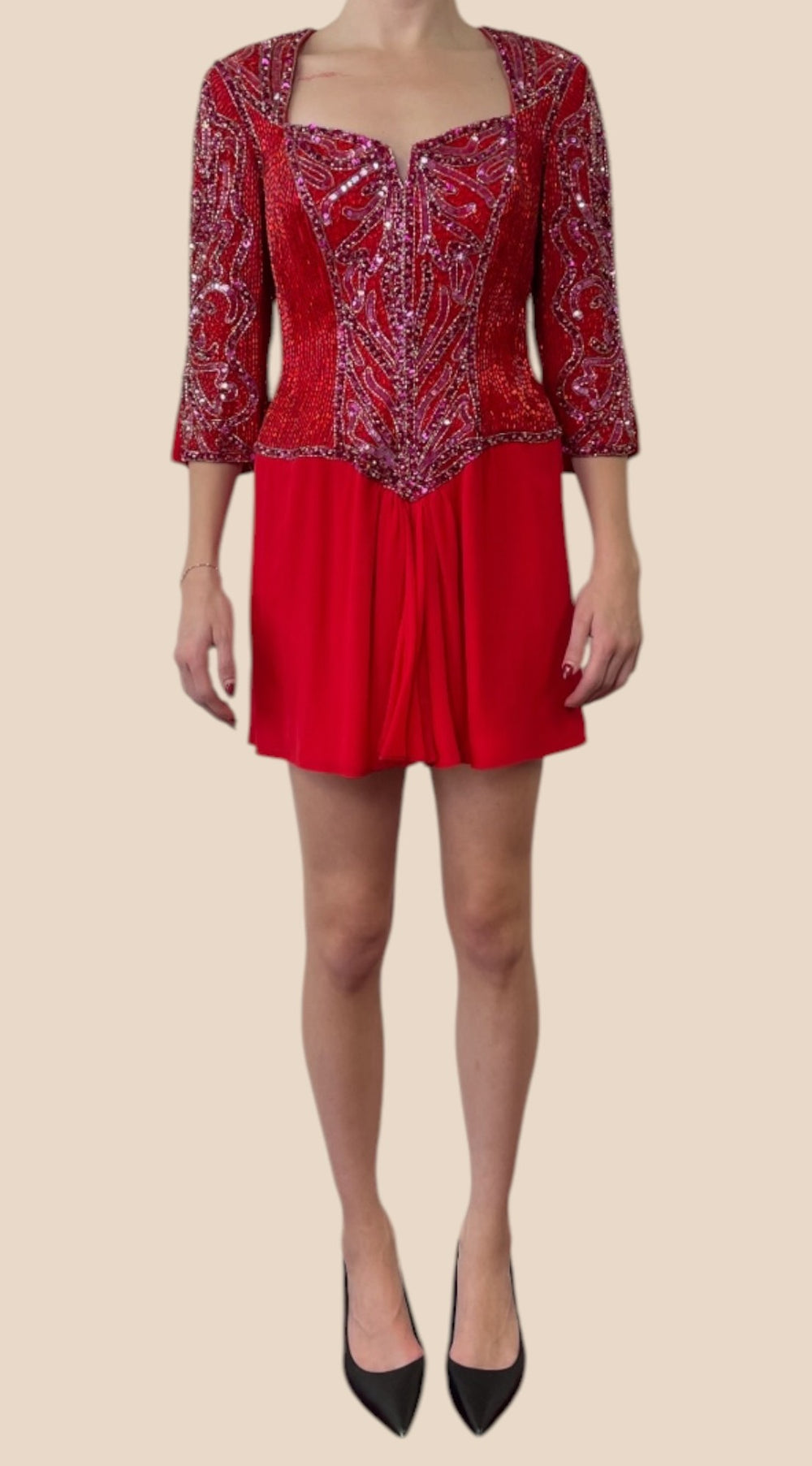 Bob Mackie Red Sequin Embellished Three-Quarter Sleeve Mini Dress