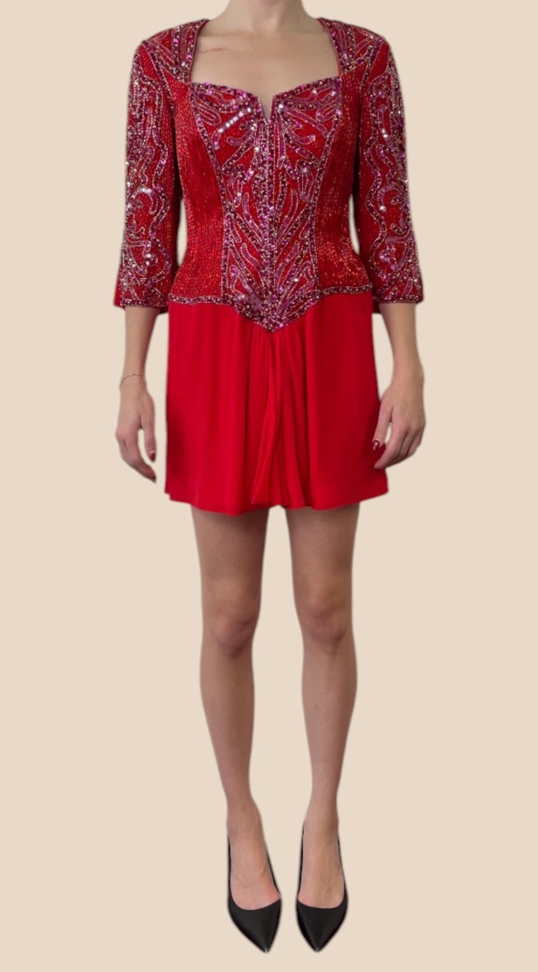 Bob Mackie Red Sequin Embellished Three-Quarter Sleeve Mini Dress