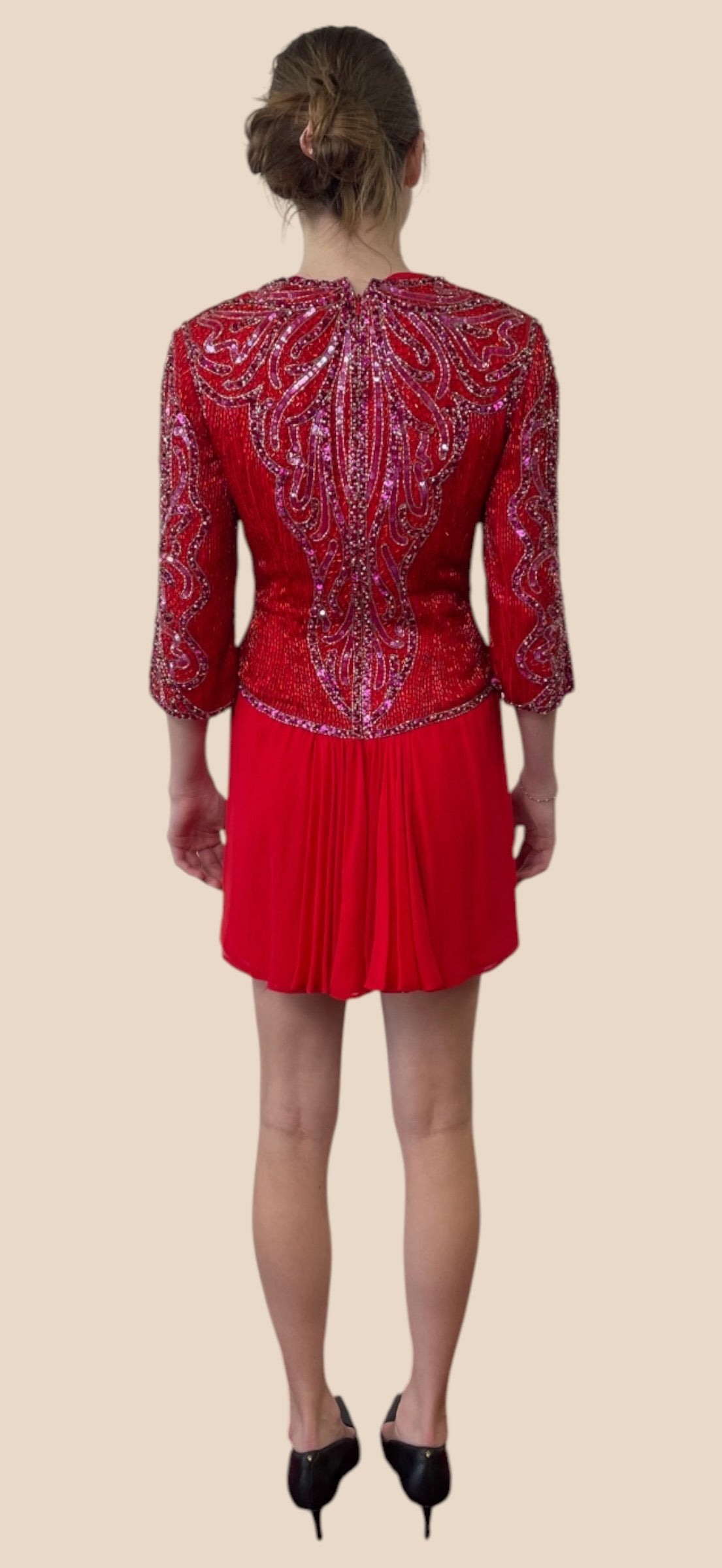 Bob Mackie Red Sequin Embellished Three-Quarter Sleeve Mini Dress