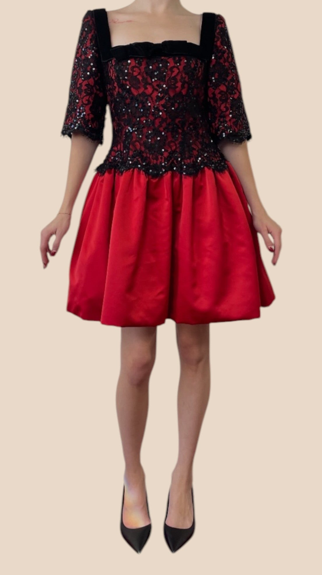 Bob Mackie Red & Black Sequin Lace Square Neck Mini Dress