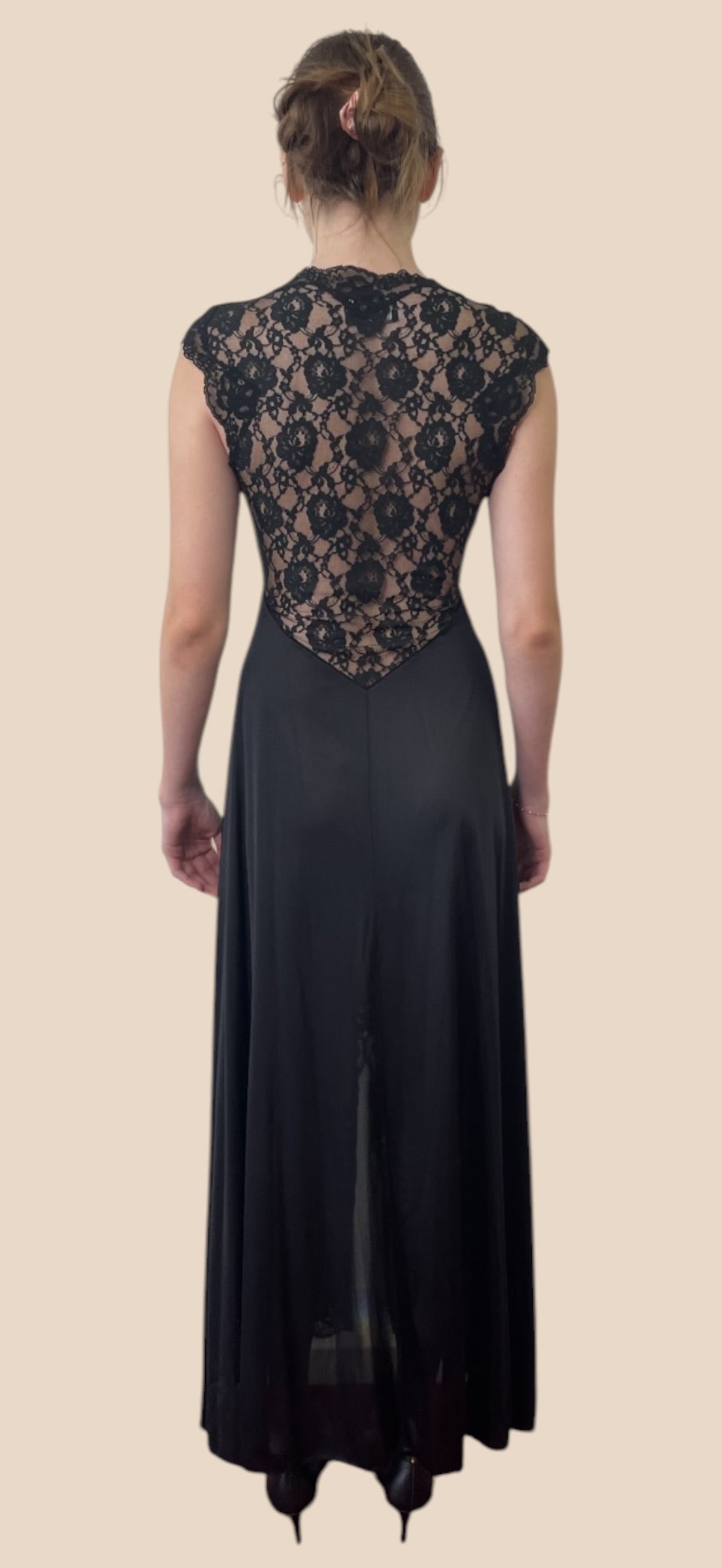 Bob Mackie Black Sheer Floral Lace Cap Sleeve Deep V-Neck Maxi Dress