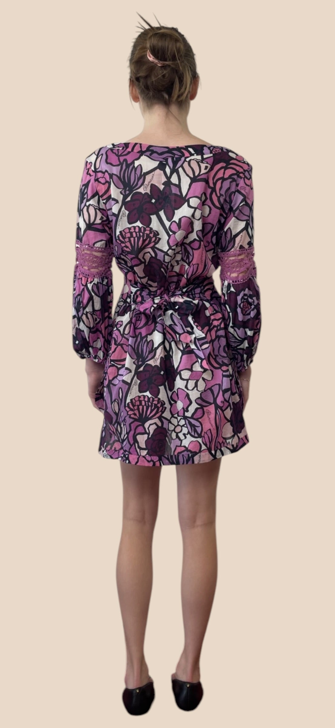 Blumarine Pink & Purple Floral Print Lace Trim Long Sleeve Mini Dress