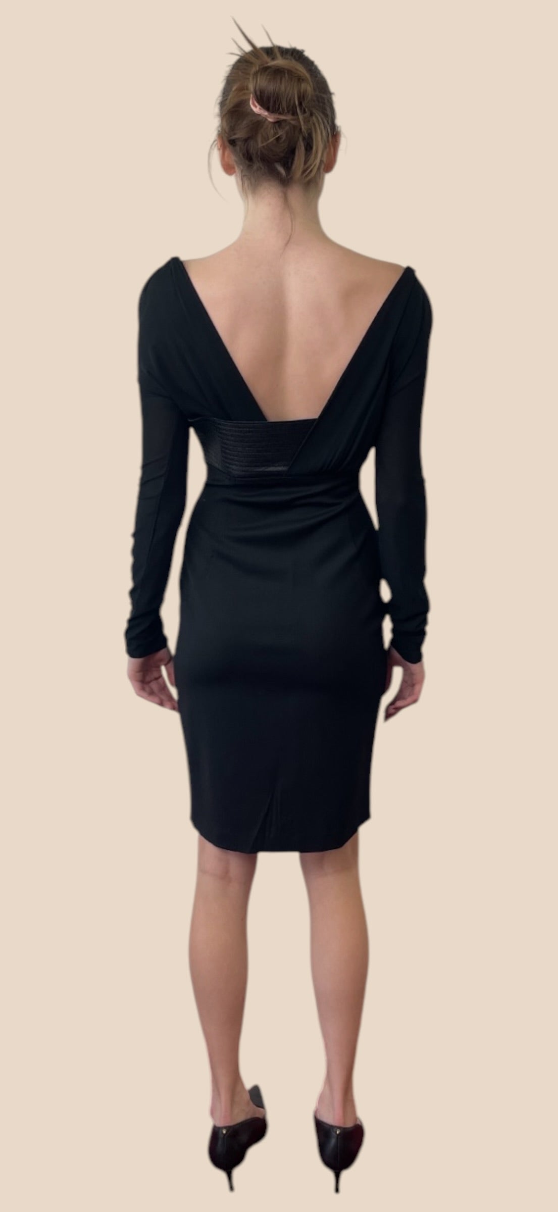 Blumarine Black Long Sleeve Deep V-Neck Open Back Dress