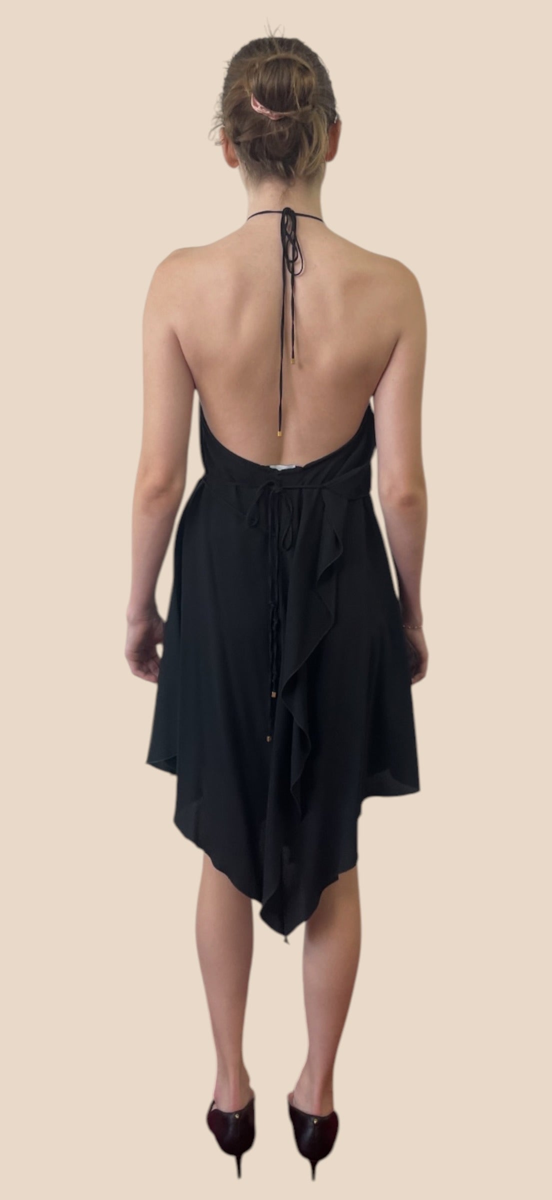 Blumarine Black Halter Neck Open Back Ruffle Dress