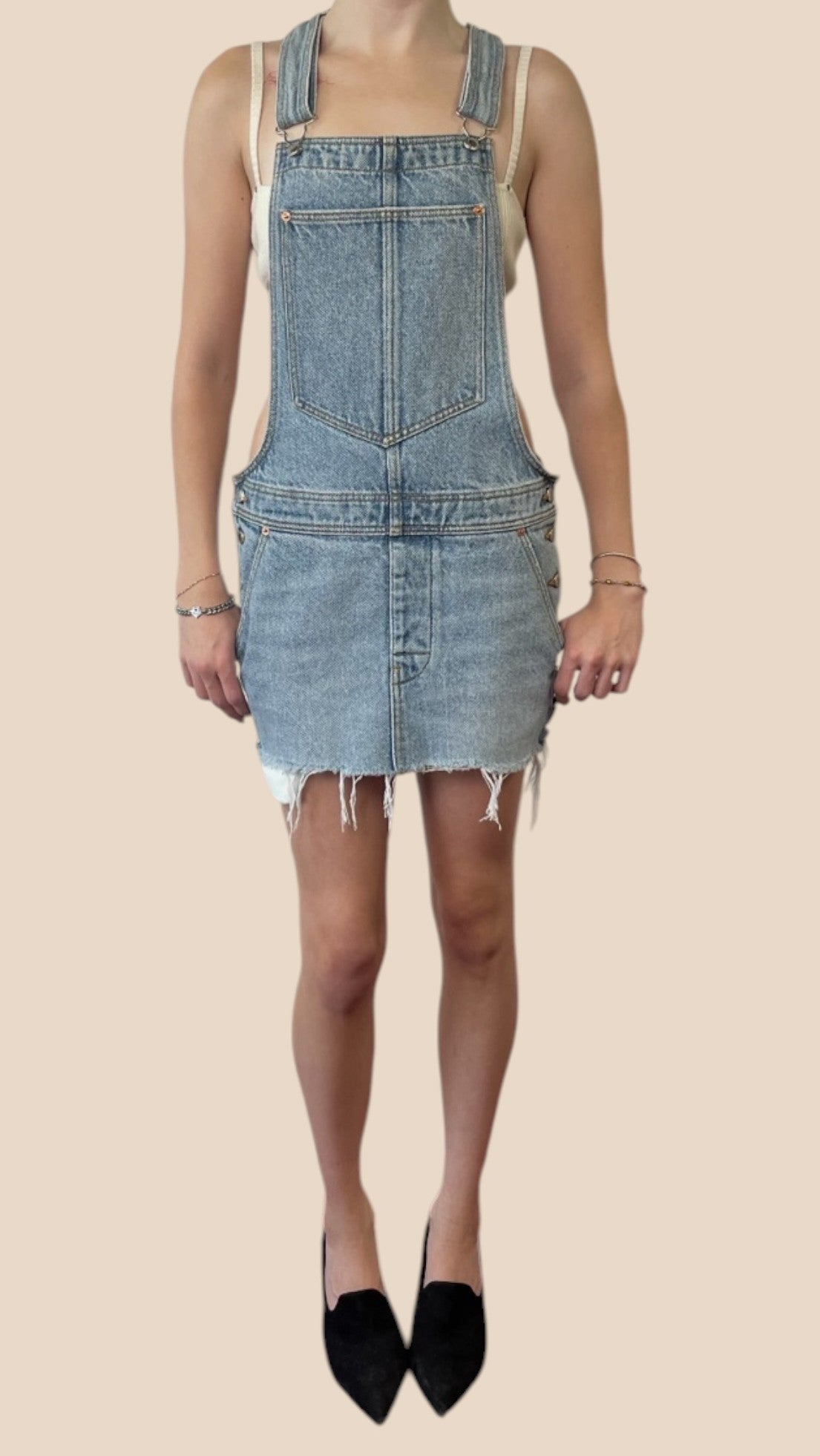 Alexander Wang Light Wash Denim Frayed Hem Mini Pinafore Dress