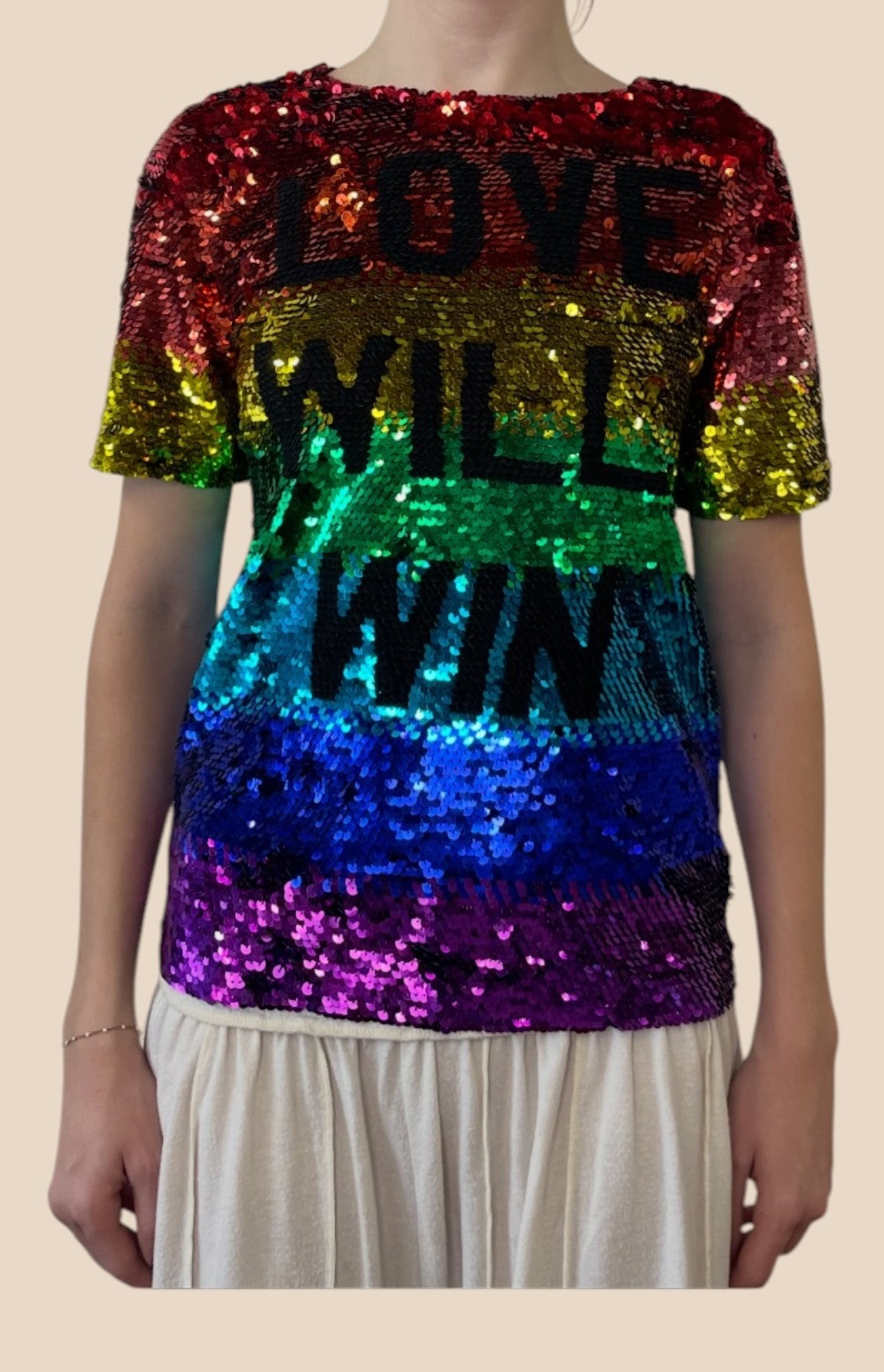 Ashish Rainbow Sequin “Love Will Win” Short Sleeve Top