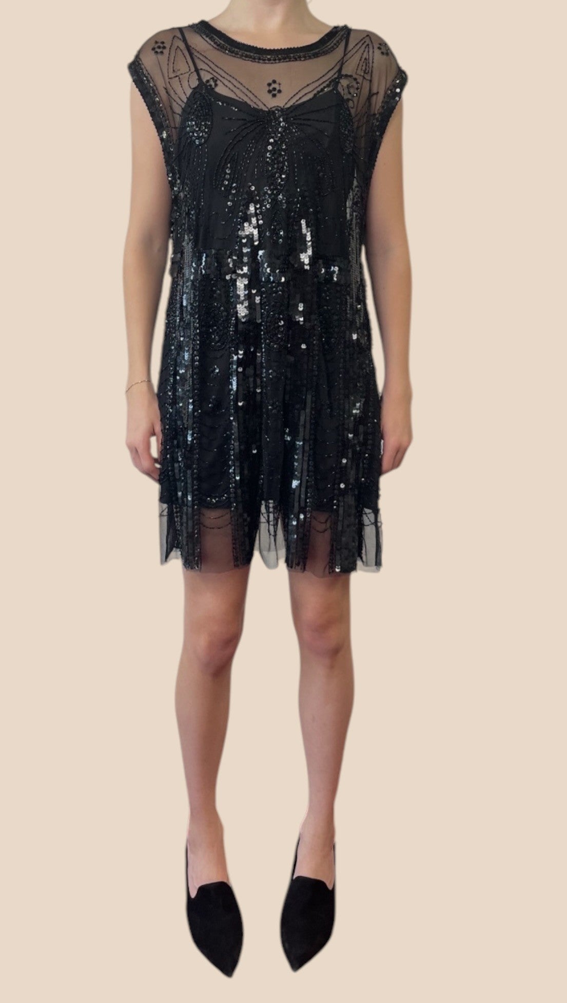 Balmain Black Sheer Sequin Embellished Cap Sleeve Mini Dress