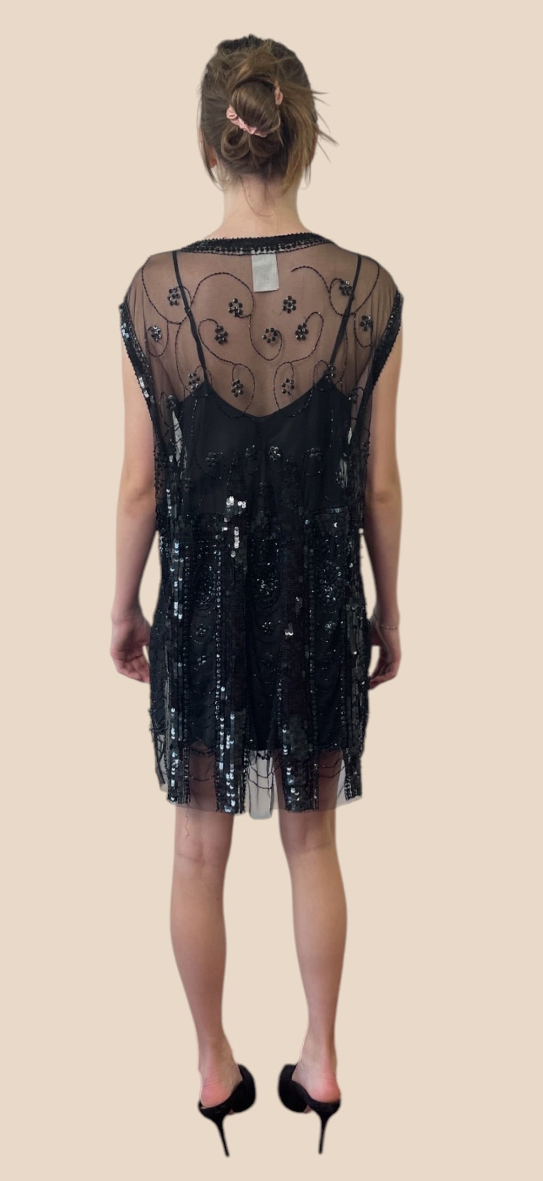 Balmain Black Sheer Sequin Embellished Cap Sleeve Mini Dress