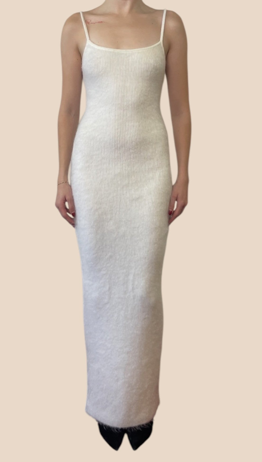 Balmain Ivory Ribbed Knit Spaghetti Strap Maxi Dress