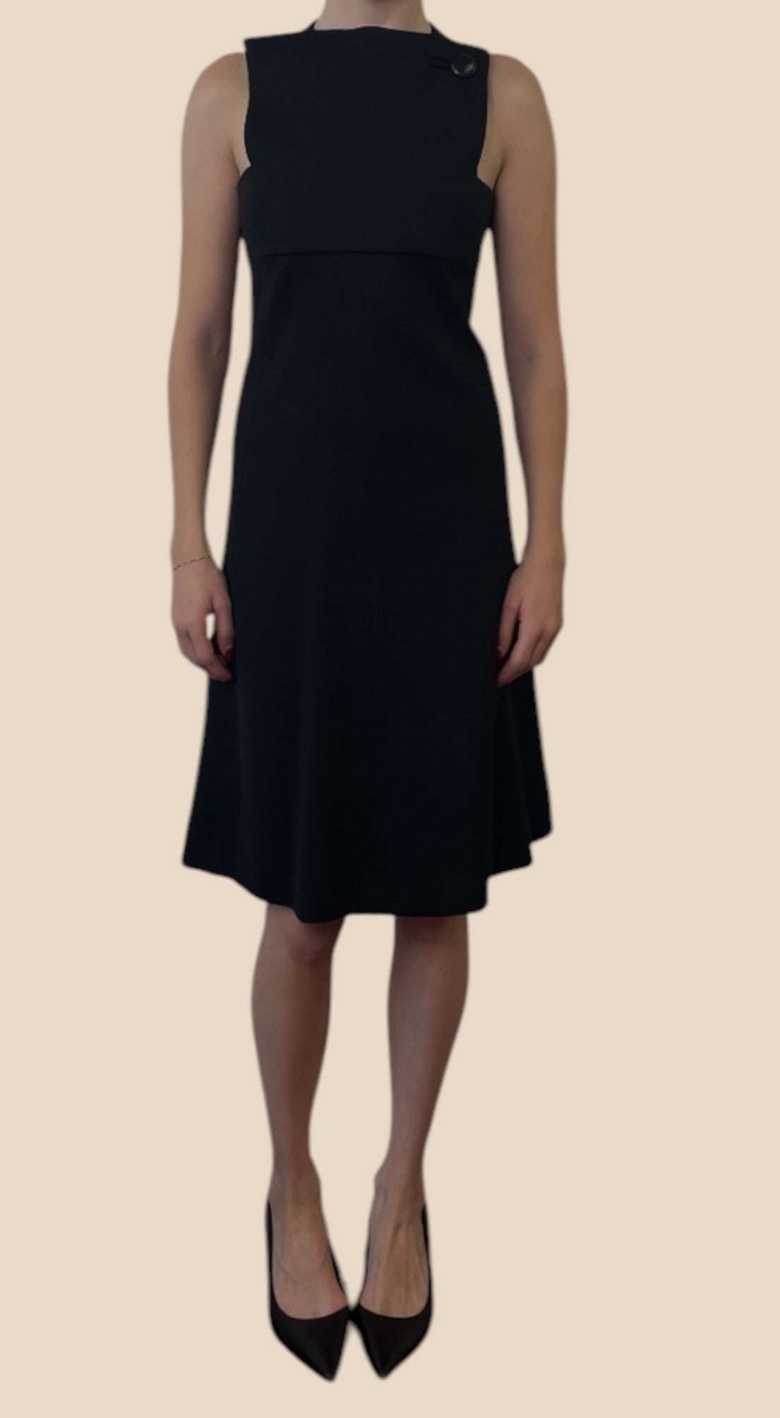 Balenciaga Black Sleeveless High Neck Button Detail Knee-Length Dress