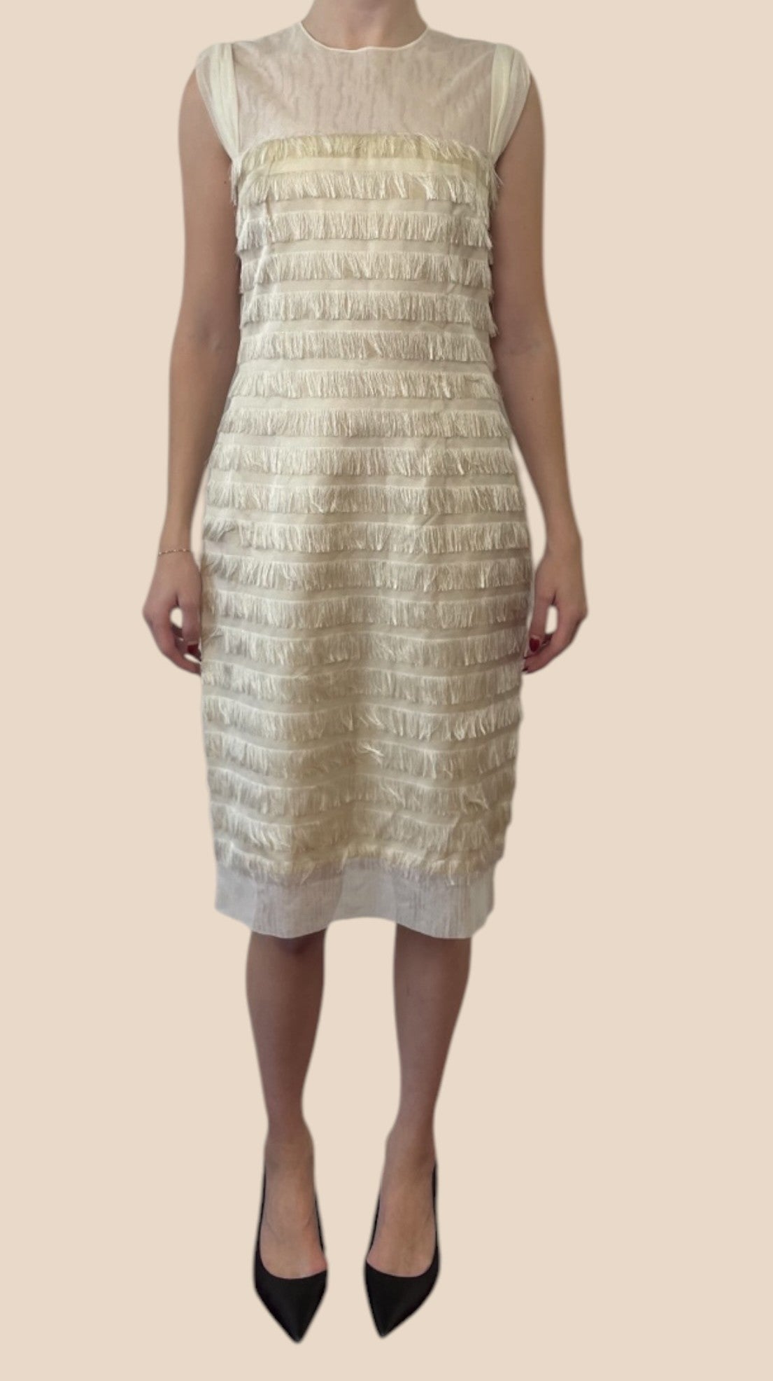 Balenciaga Ivory Fringe Detail Cap Sleeve Dress