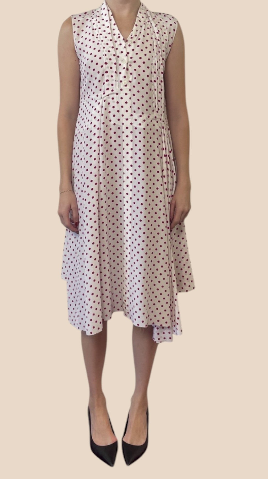 Balenciaga White & Burgundy Polka Dot Sleeveless Midi Dress