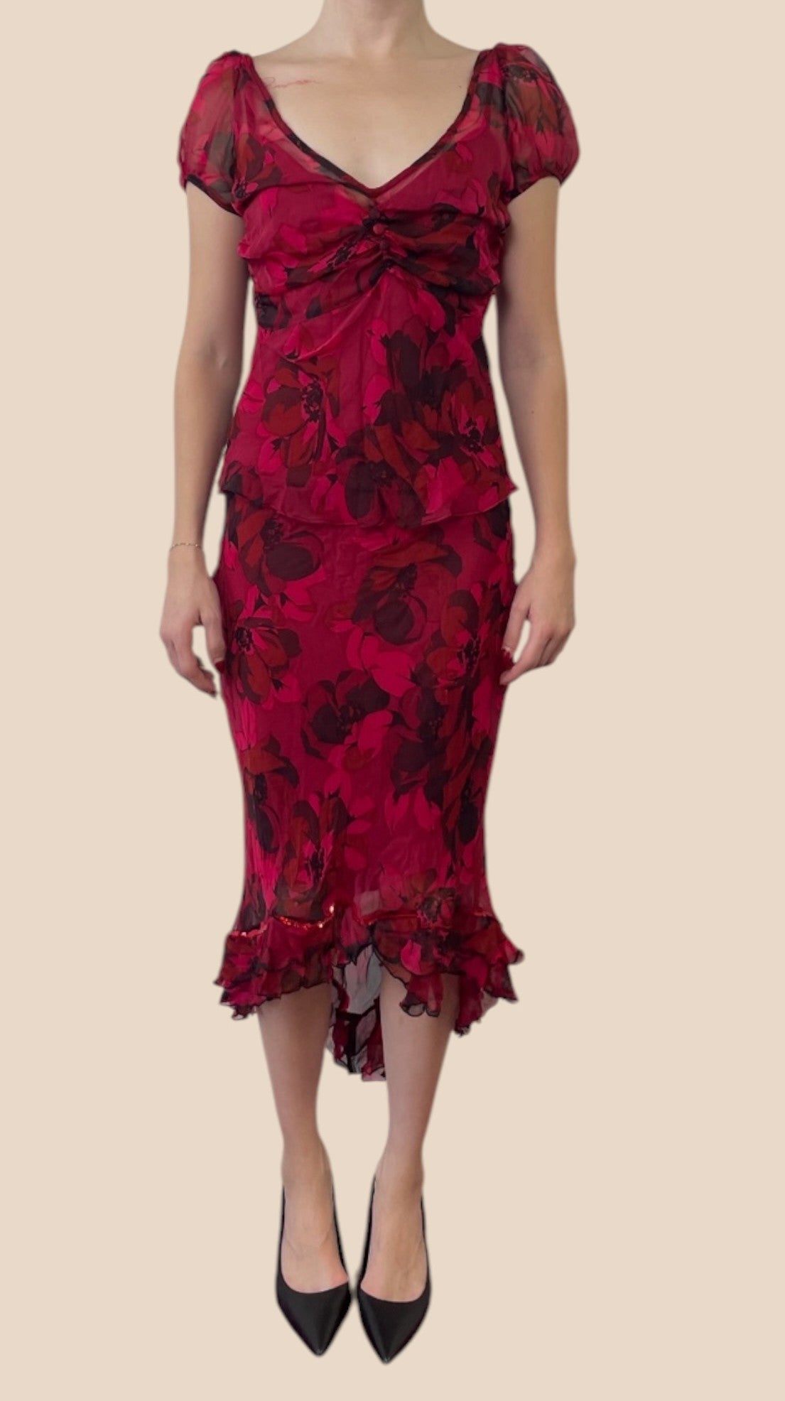 Betsey Johnson Red Floral Print Puff Sleeve Ruffle Hem Midi Dress