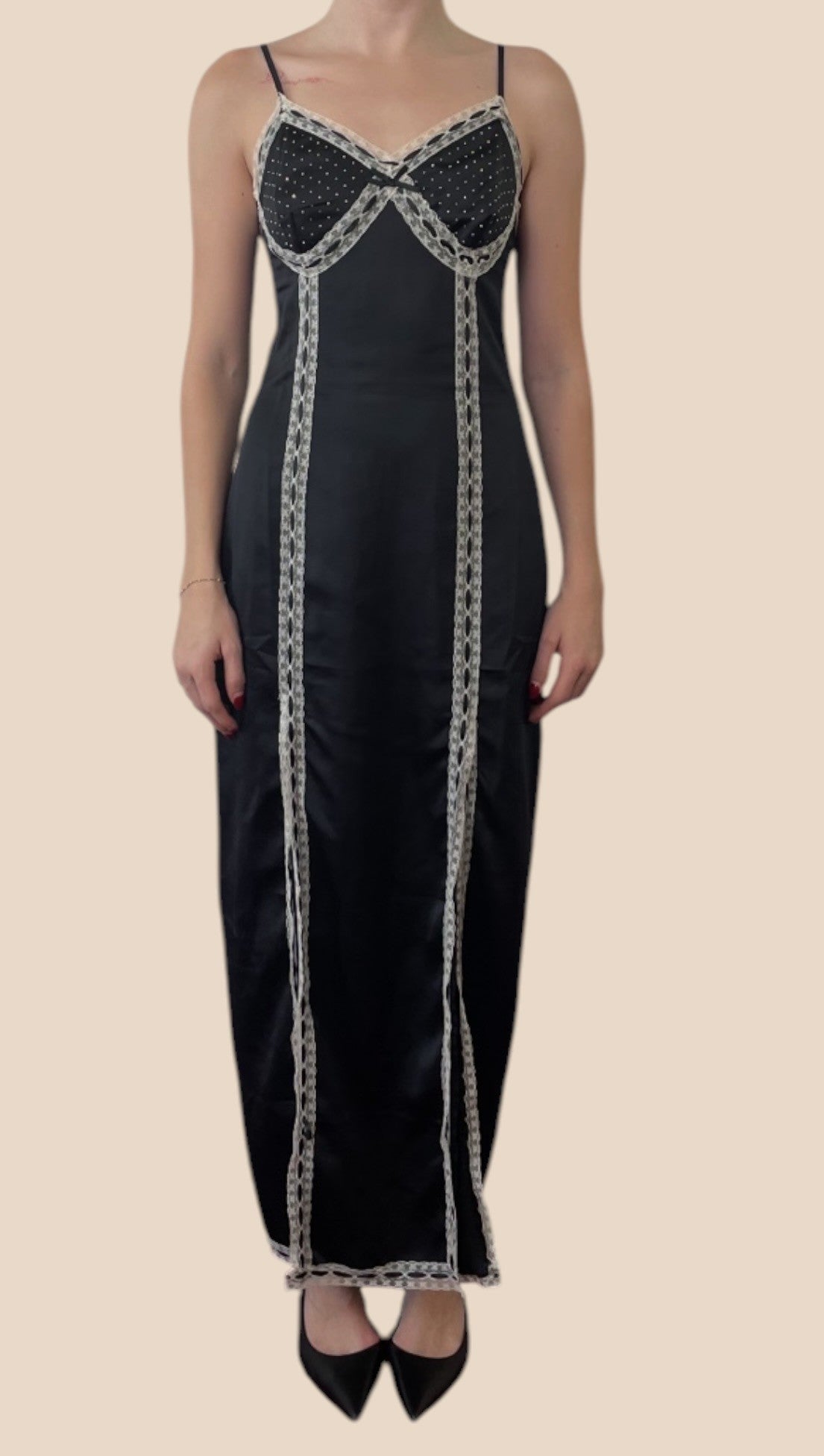 Betsey Johnson Black Lace Trim Spaghetti Strap Maxi Slip Dress