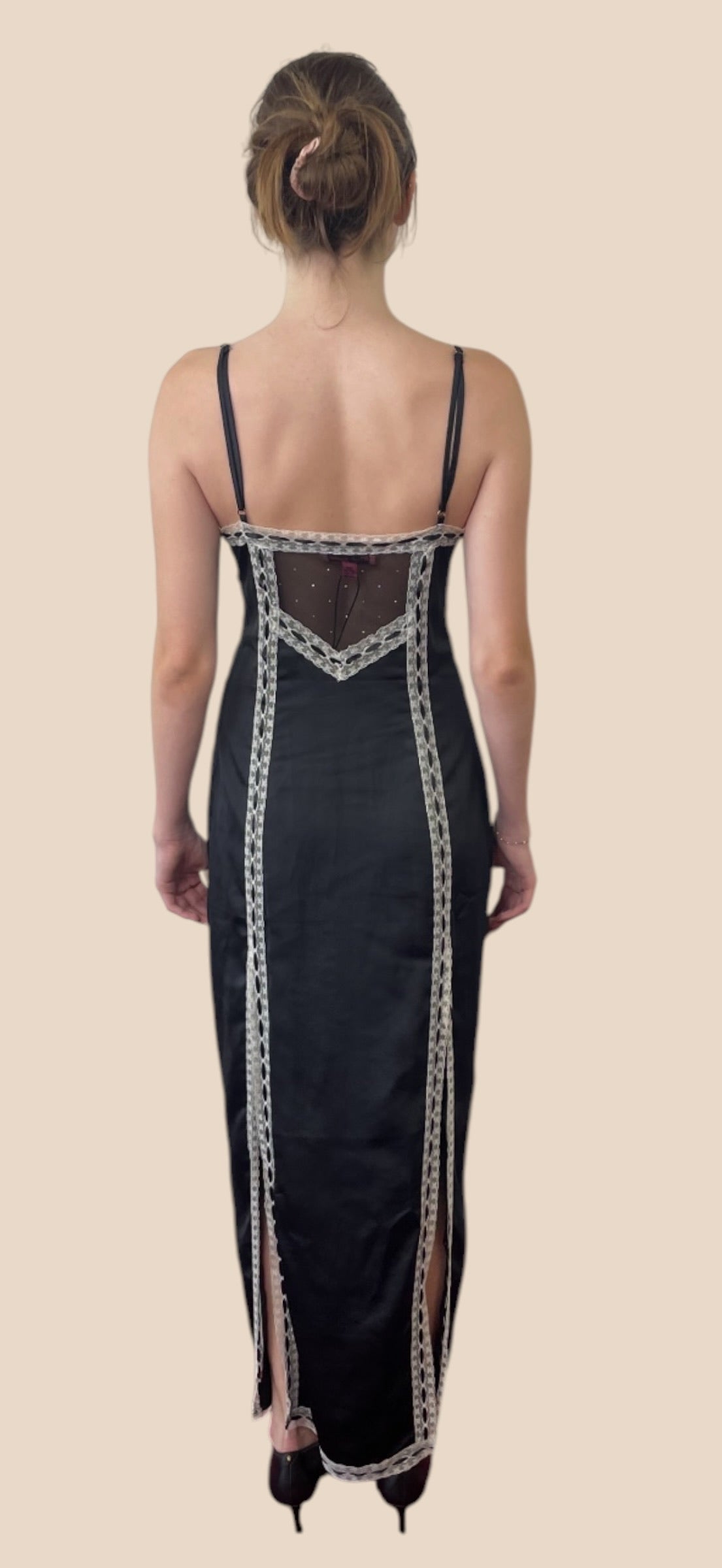 Betsey Johnson Black Lace Trim Spaghetti Strap Maxi Slip Dress