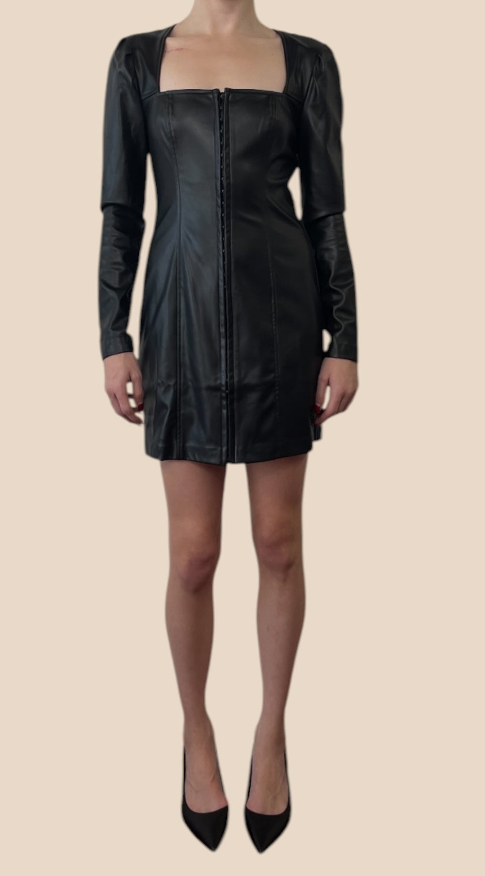 Betsey Johnson Black Leather Long Sleeve Square Neck Mini Dress