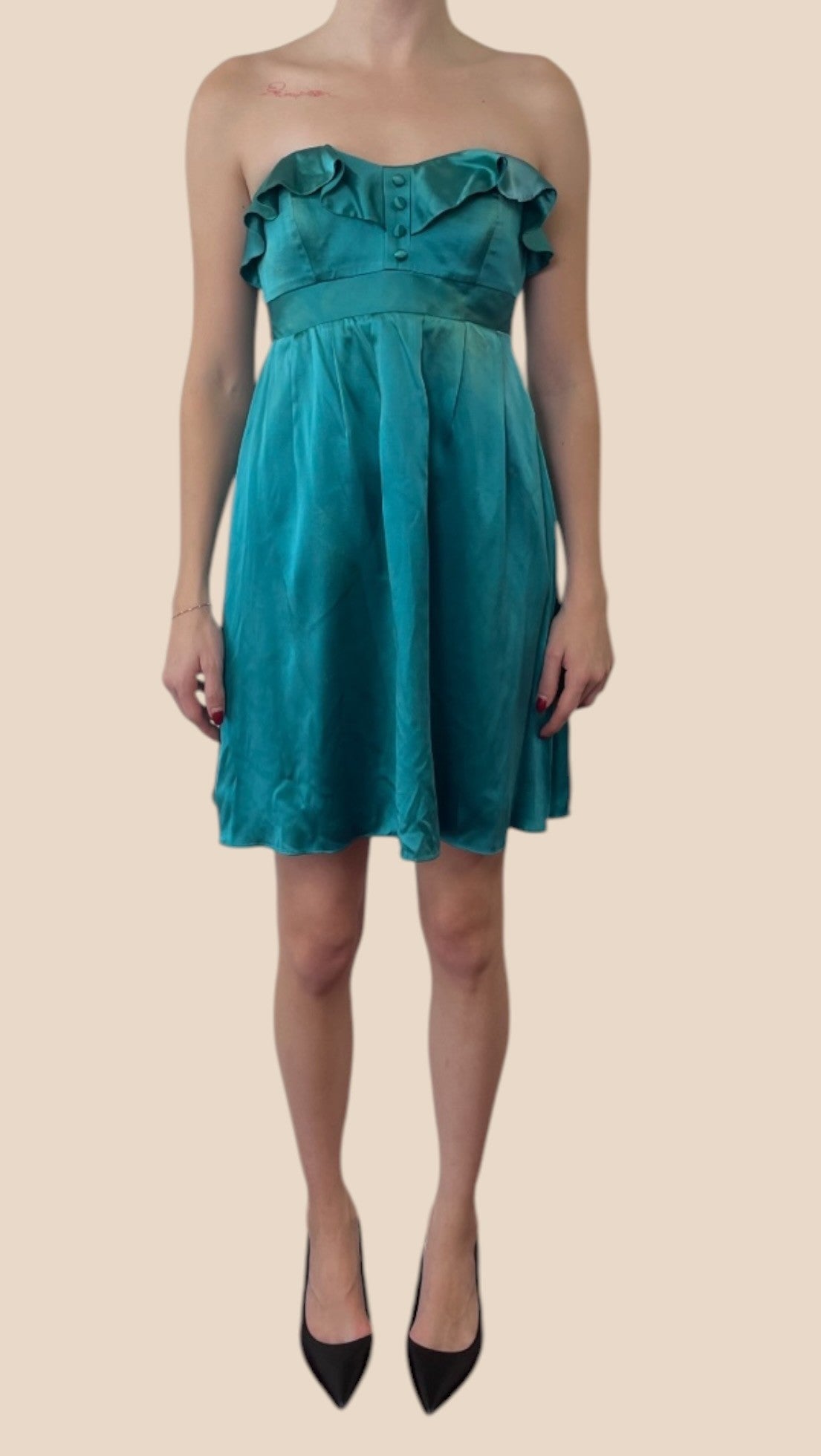 Betsey Johnson Teal Blue Strapless Ruffle Trim Mini Dress
