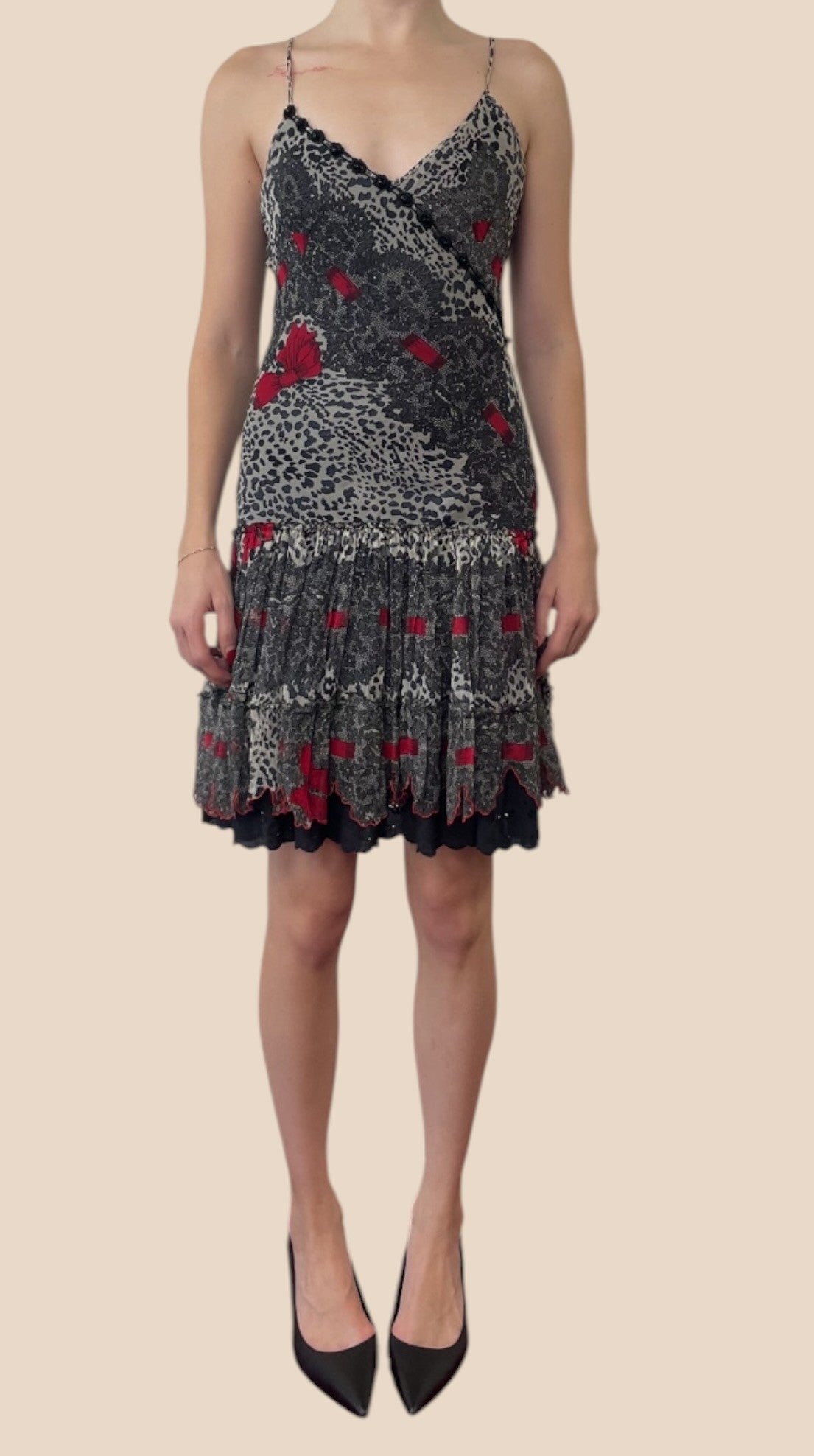 Blumarine Black & Red Mixed Print Ruffle Hem Spaghetti Strap Dress