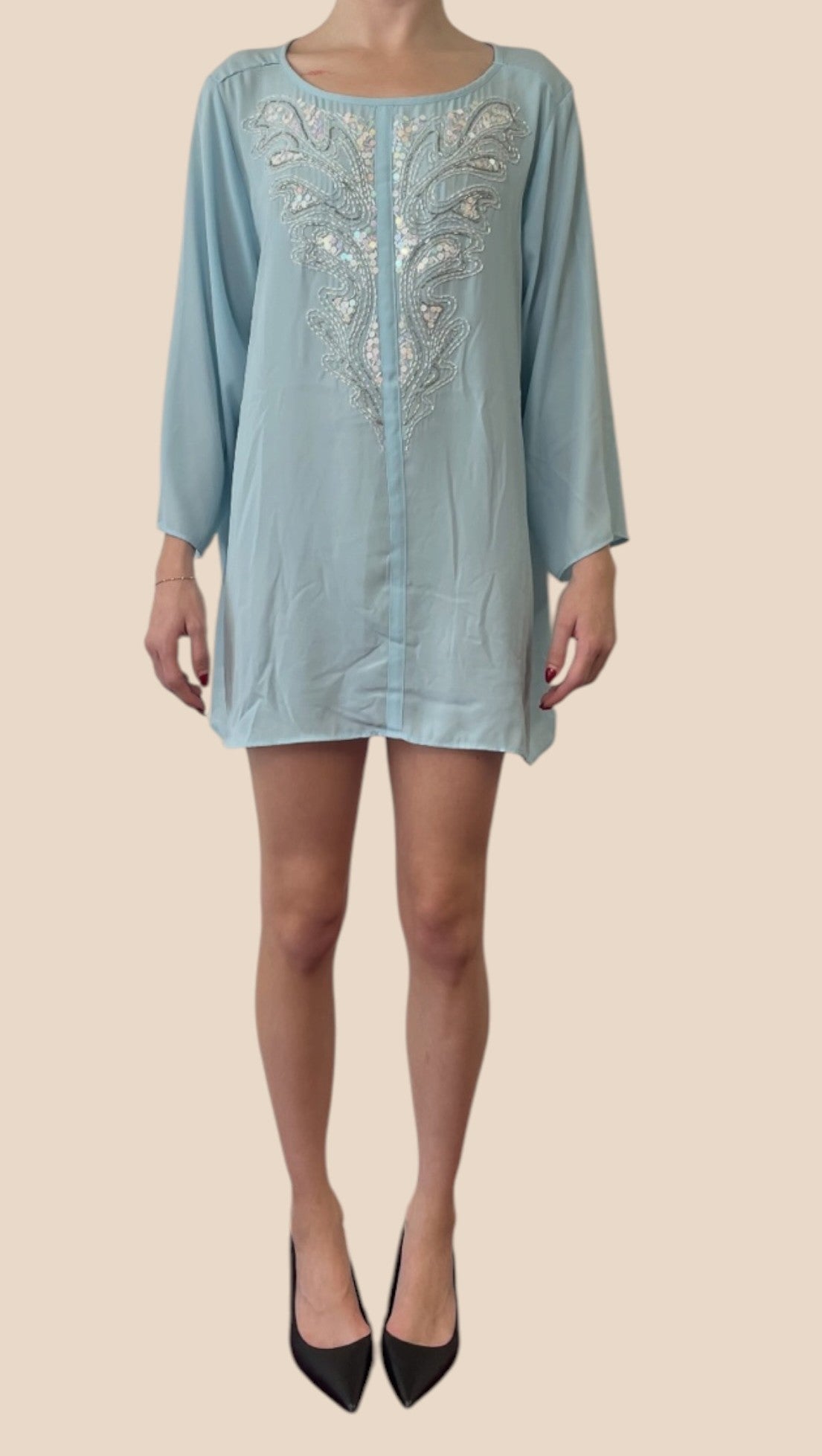 Bob Mackie Light Blue Embellished Long Sleeve Mini Shift Dress