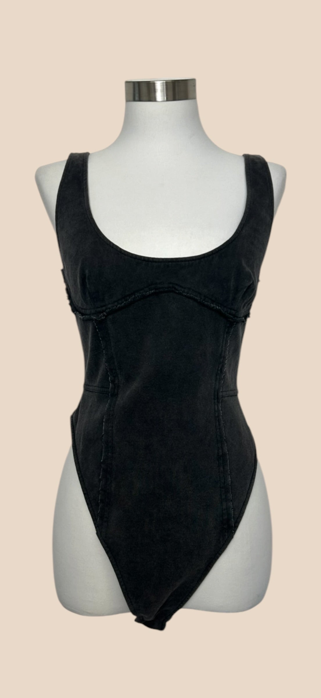 Acne Studios Black Washed Denim Scoop Neck Corset Bodysuit