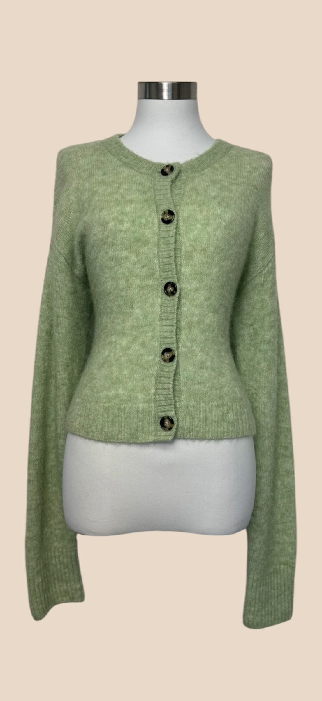 Acne Studios Sage Green Fuzzy Knit Crew Neck Button-Up Long Sleeve Cardigan