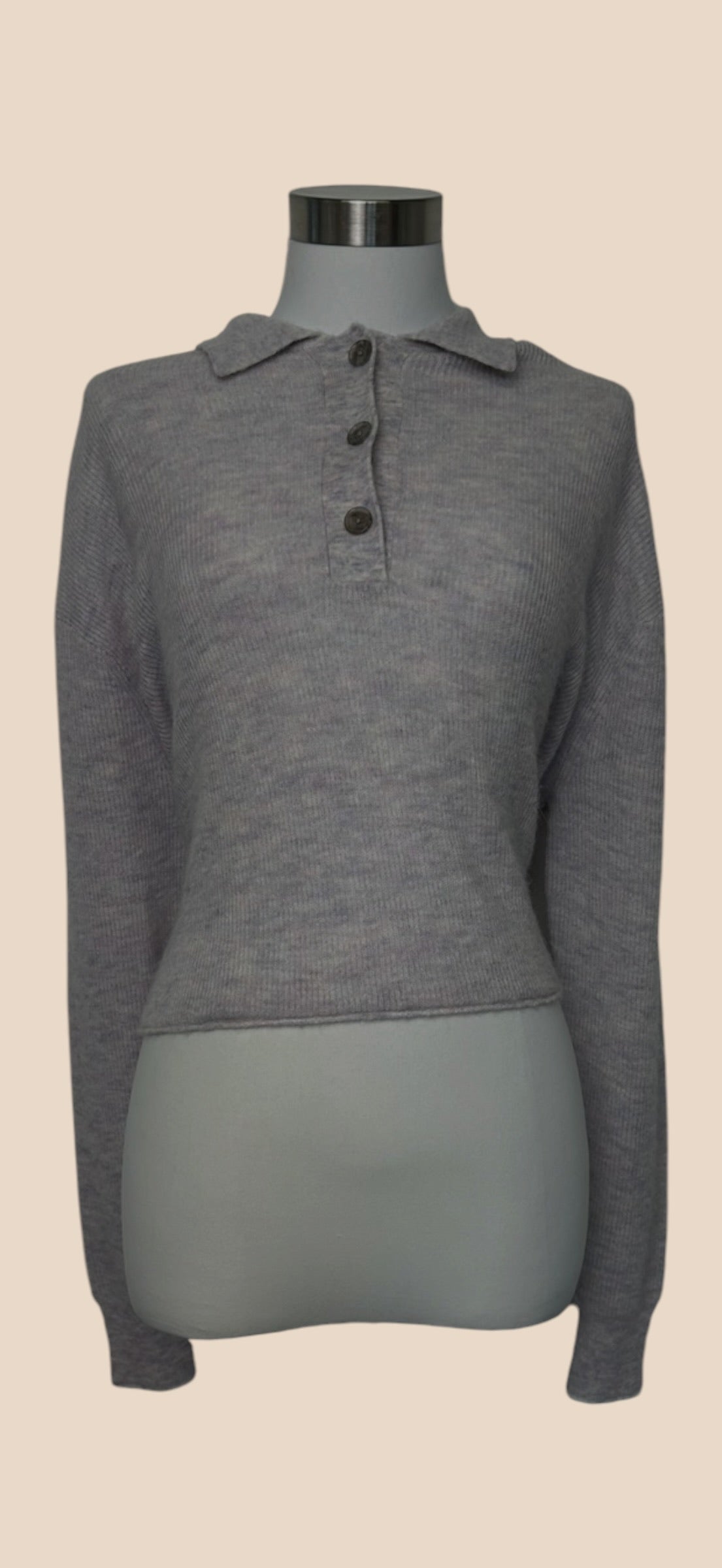 Acne Studios Grey Cropped Collared Three-Button Long Sleeve Knit Polo Sweater