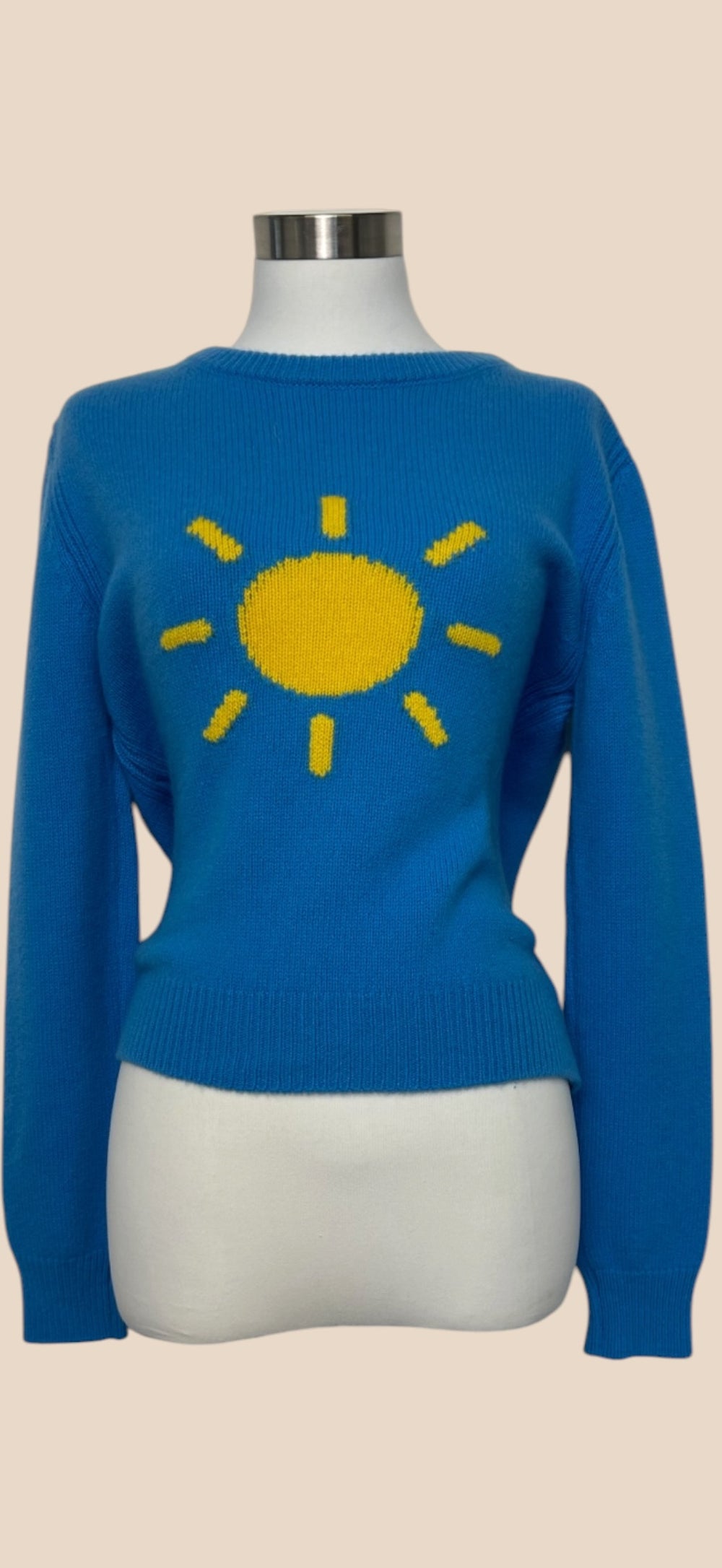 Alberta Ferretti Blue Knit Crew Neck Long Sleeve Sweater with Yellow Sun Graphic