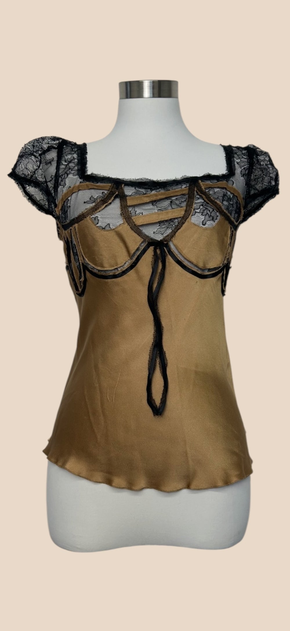 Alberta Ferretti Gold Satin Black Lace Trim Puff Sleeve Blouse