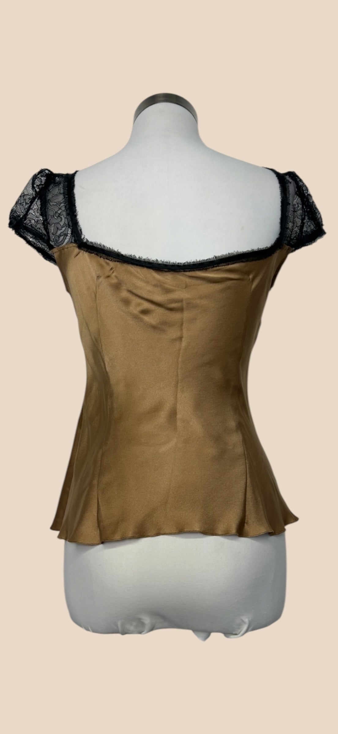 Alberta Ferretti Gold Satin Black Lace Trim Puff Sleeve Blouse