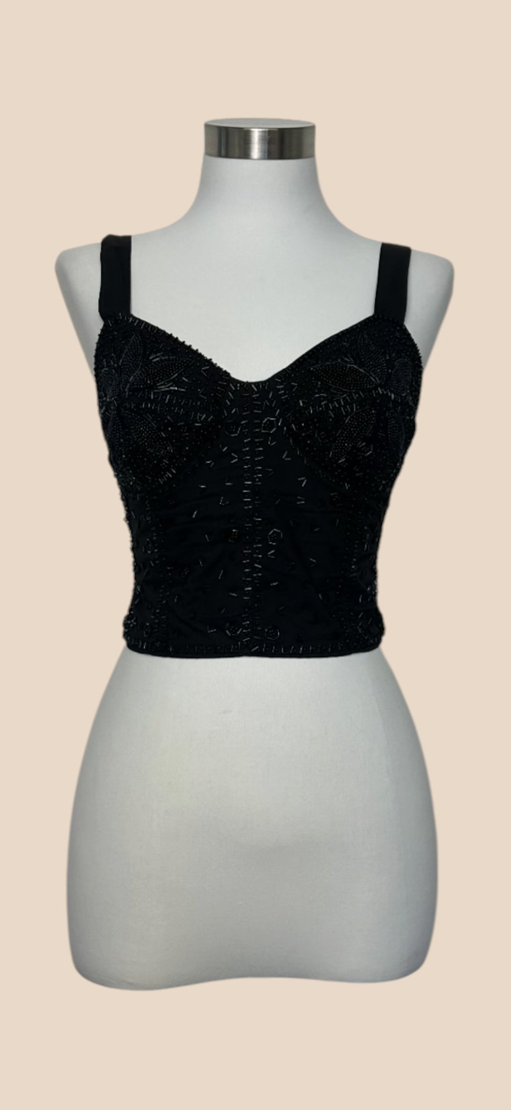 Alberta Ferretti Black Beaded Embellished Sweetheart Neck Cropped Bustier Top