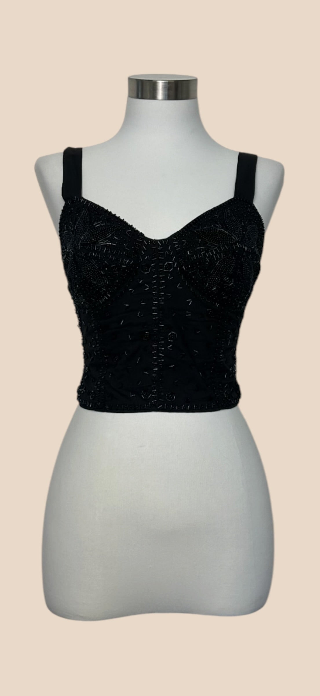 Alberta Ferretti Black Beaded Embellished Sweetheart Neck Cropped Bustier Top