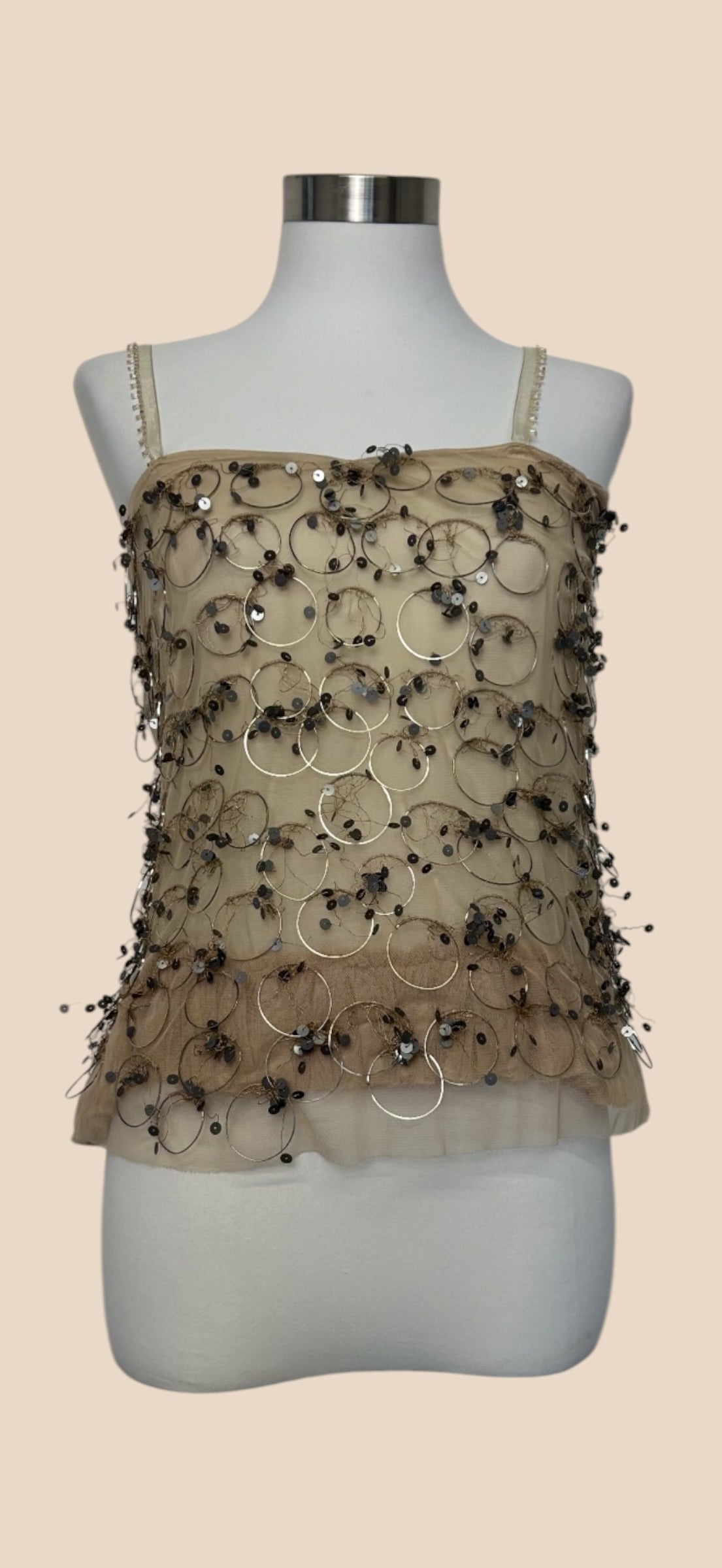 Alberta Ferretti Beige Sheer Mesh Sequin Embellished Spaghetti Strap Camisole Top