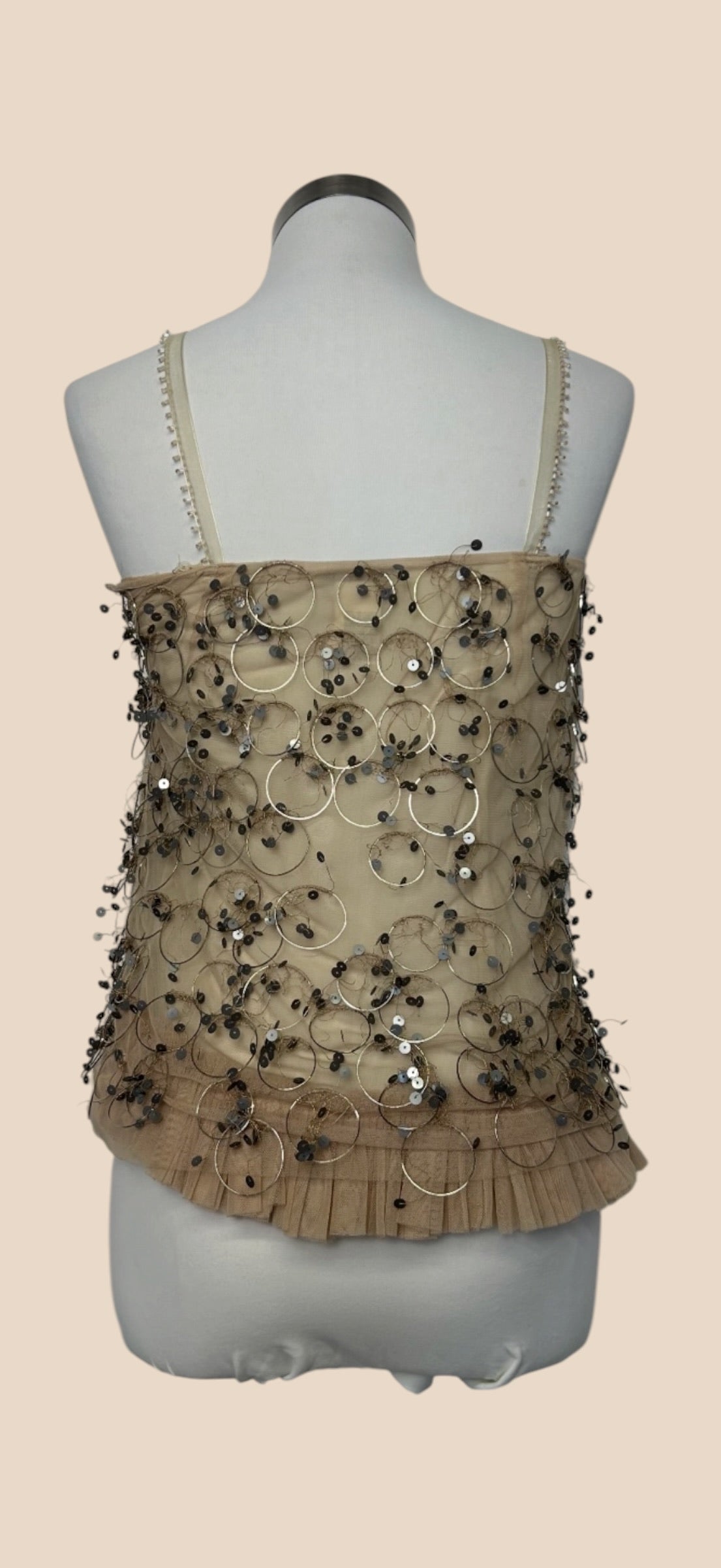 Alberta Ferretti Beige Sheer Mesh Sequin Embellished Spaghetti Strap Camisole Top