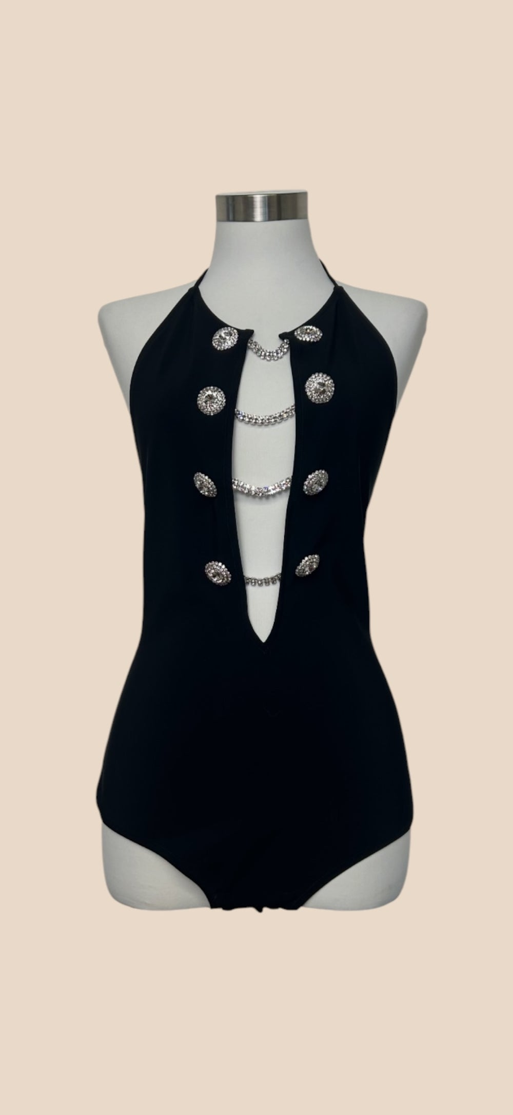 Alessandra Rich Black Crystal Embellished Plunging Halter Neck Backless Bodysuit