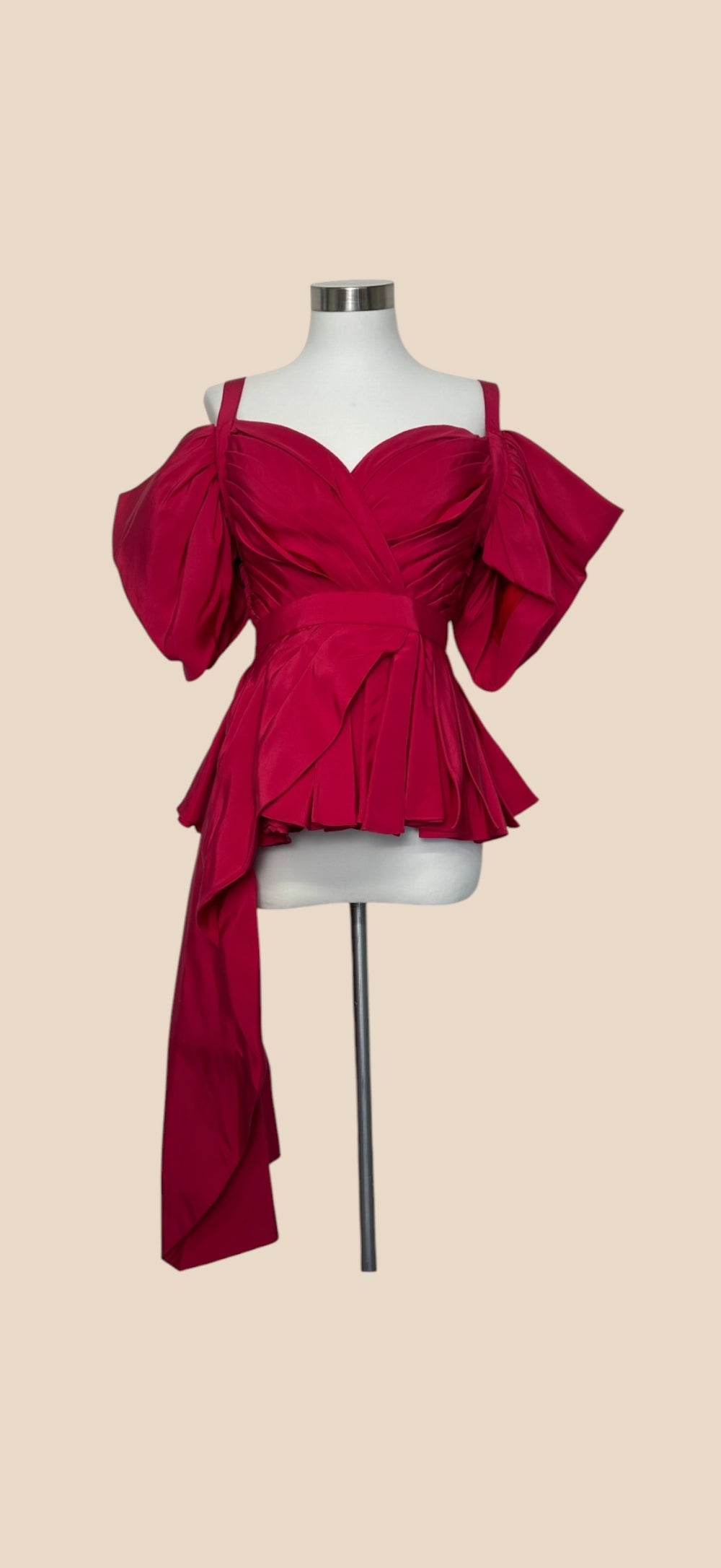Alexander McQueen Pink Satin Puff Sleeve Peplum Top with Draped Sash