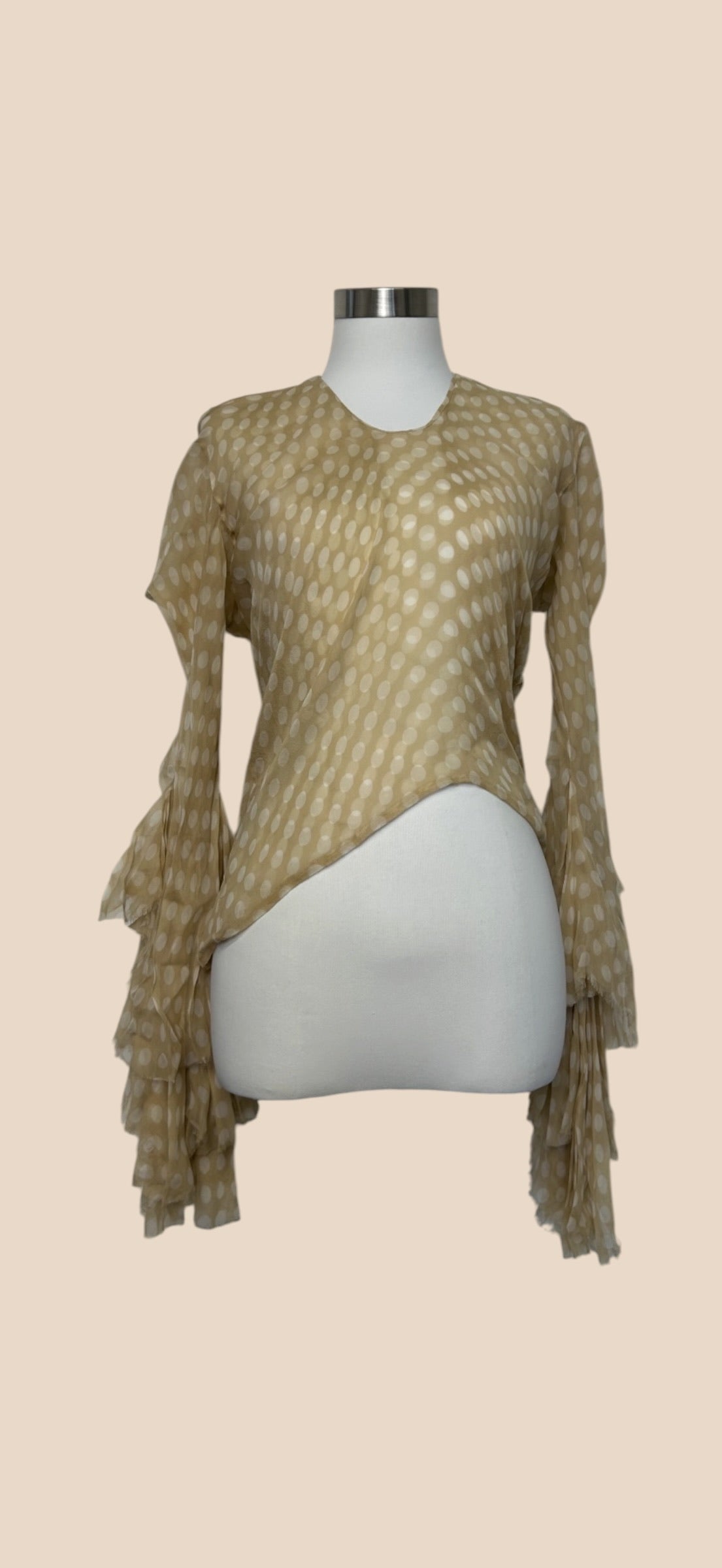 Alexander McQueen Beige & White Polka Dot Asymmetric Hem Tiered Ruffle Sleeve Blouse