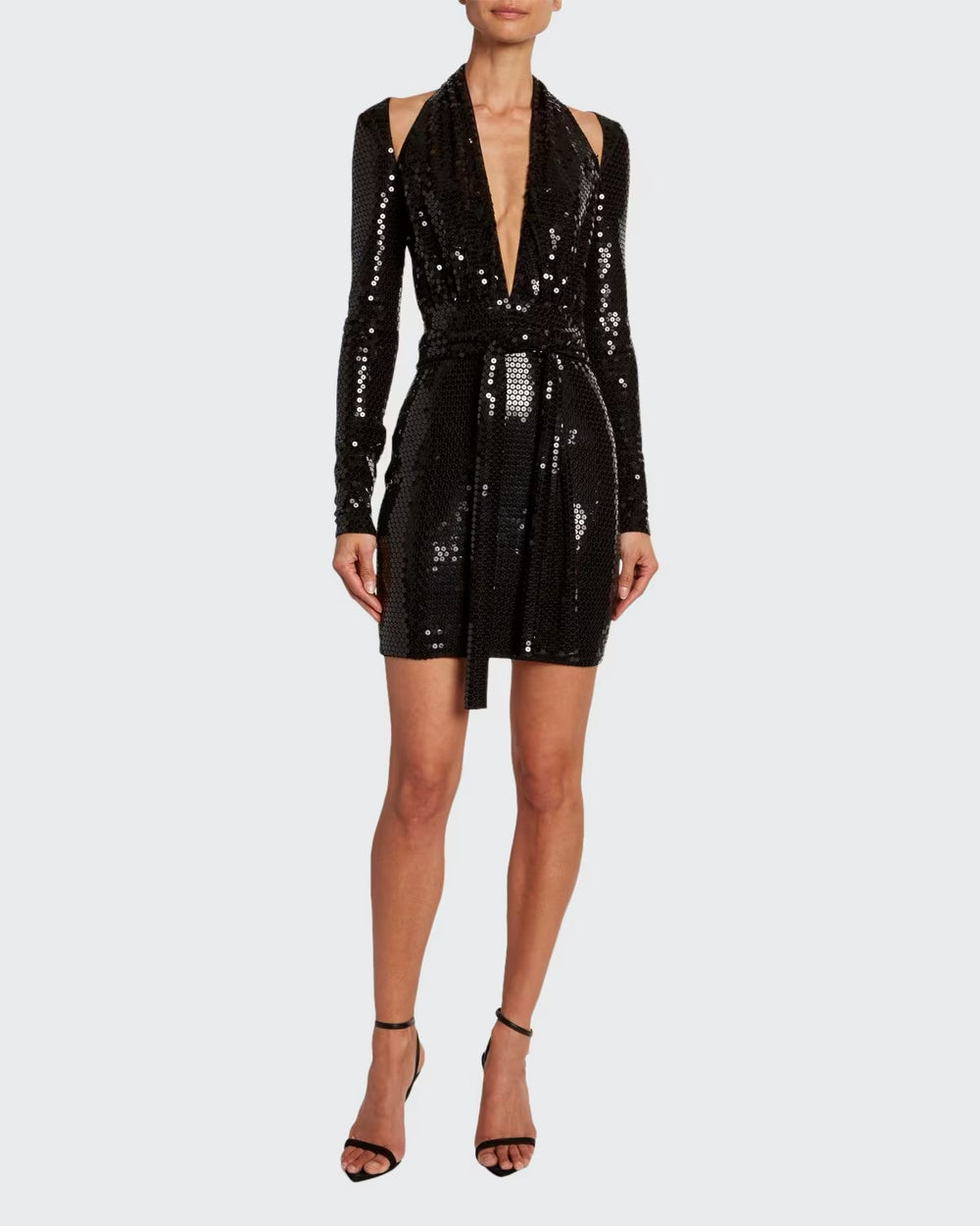 Tom Ford Black Sequin Embellished Halter Long Sleeve Belted Mini Dress