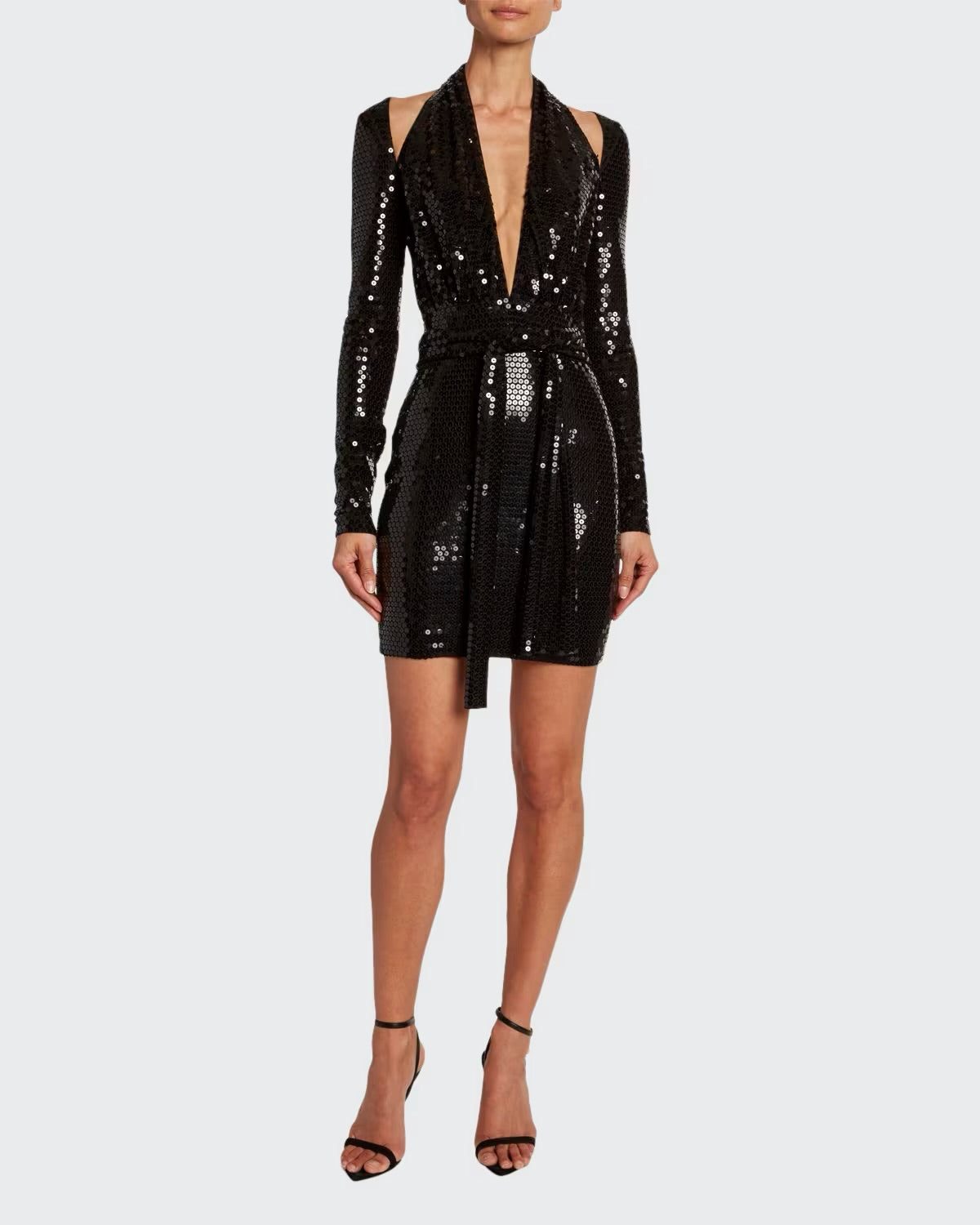 Tom Ford Black Sequin Embellished Halter Long Sleeve Belted Mini Dress