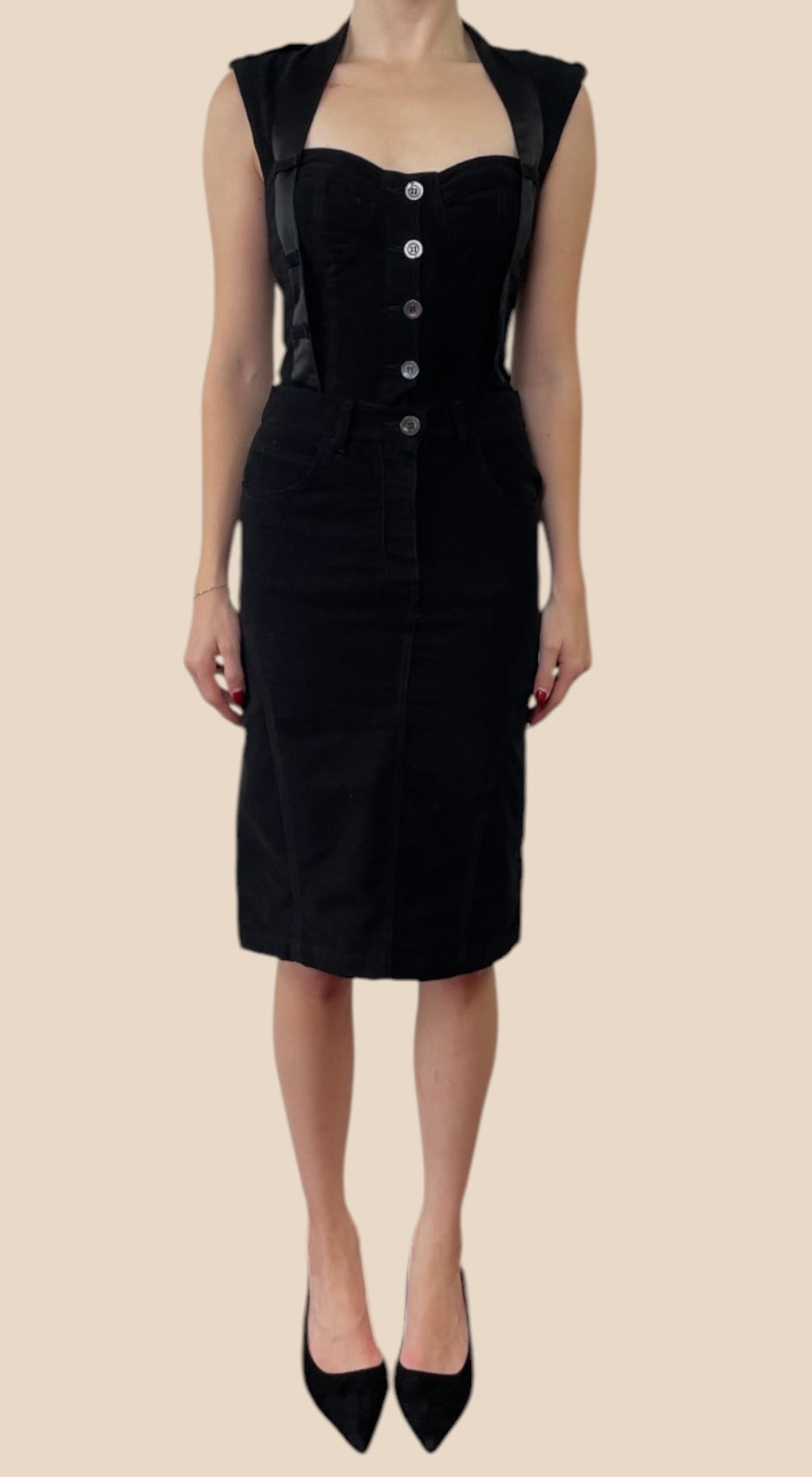 Alexander McQueen Black Button Front Corset Bodice Sleeveless Midi Dress with Satin Trim