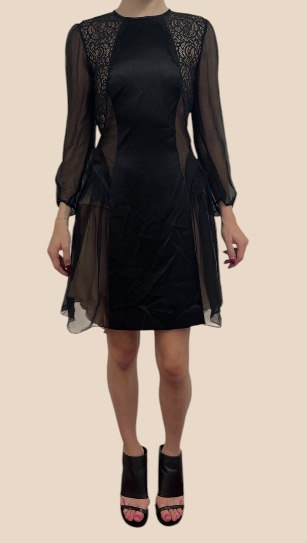 Alberta Ferretti Black Lace Chiffon Long Sleeve Mini Dress