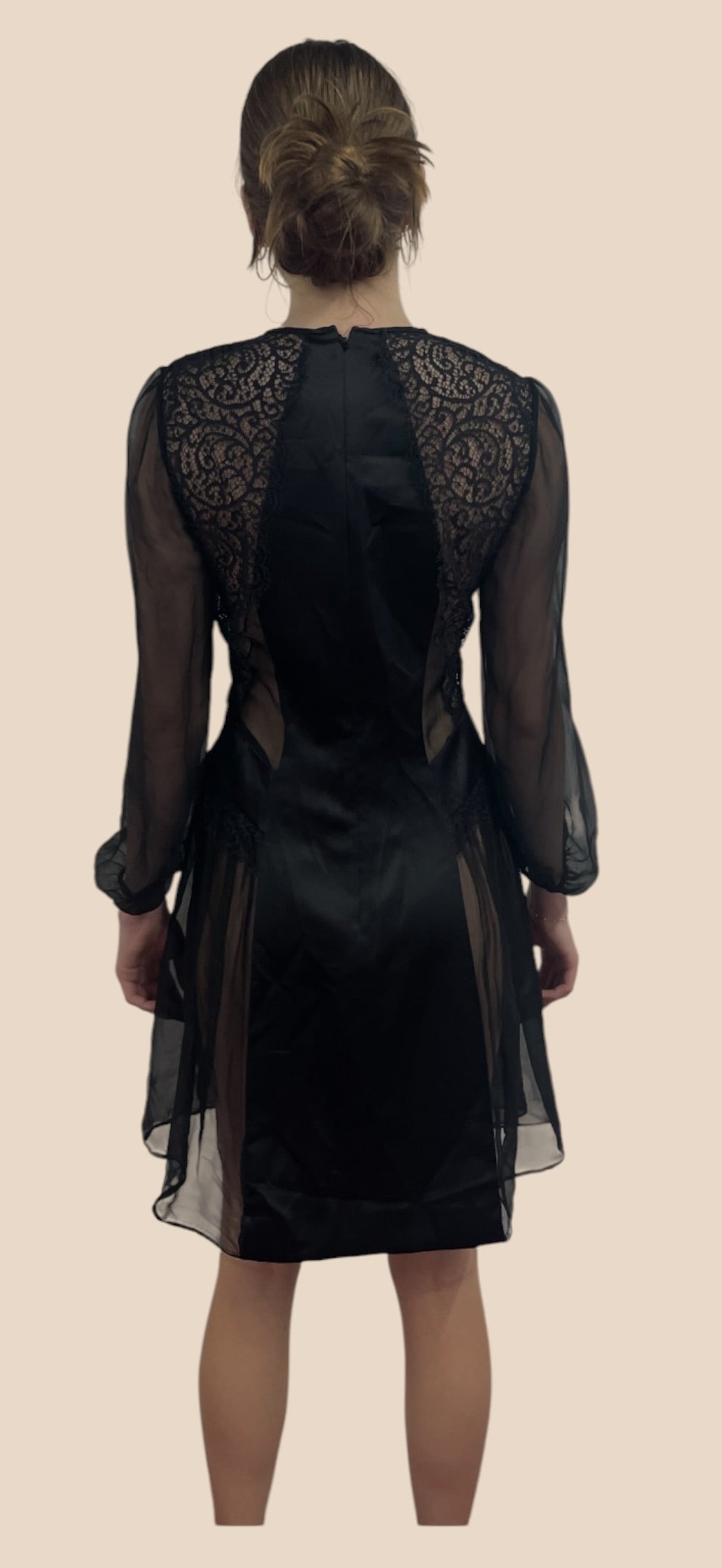 Alberta Ferretti Black Lace Chiffon Long Sleeve Mini Dress