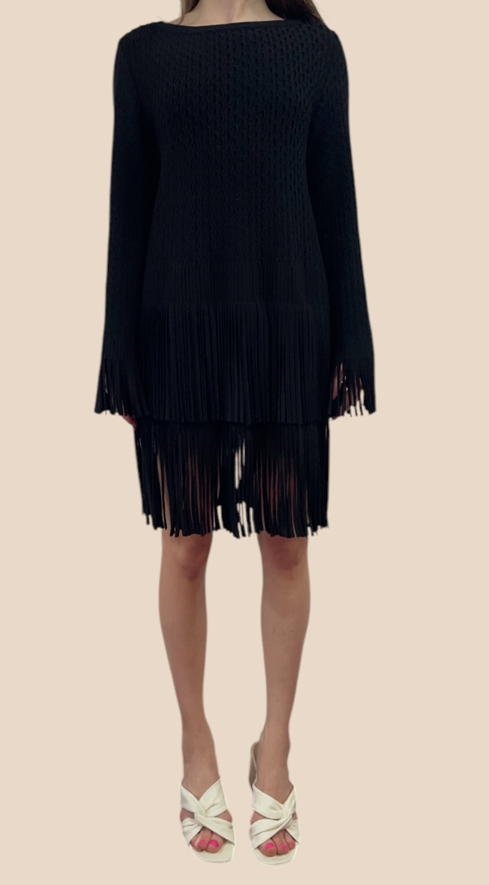 Alaïa Black Textured Knit Long Sleeve Fringe Mini Dress